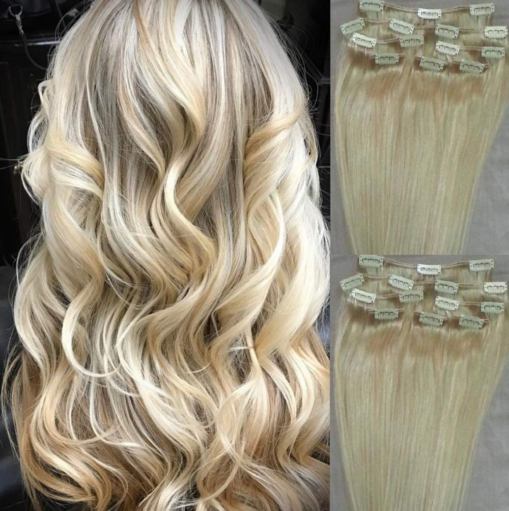 Hair Faux You 18" Clip in Hair Extensions Real Human Hair 80g Clip on for Full Head 7 pieces, 14 clips, Silky Straight Weft Remy Hair Color #60 White Blonde (NOT the very Pale Blonde)