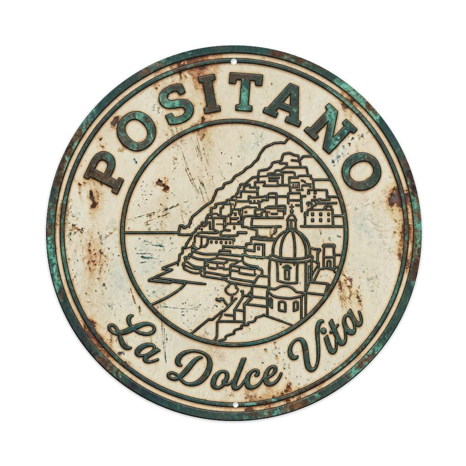 Vintage Travel Positano Italy Classic Metal Tin Sign Plaque Wall Decor for Cafe, Club, Garden Round Metal Poster 8x8Inch