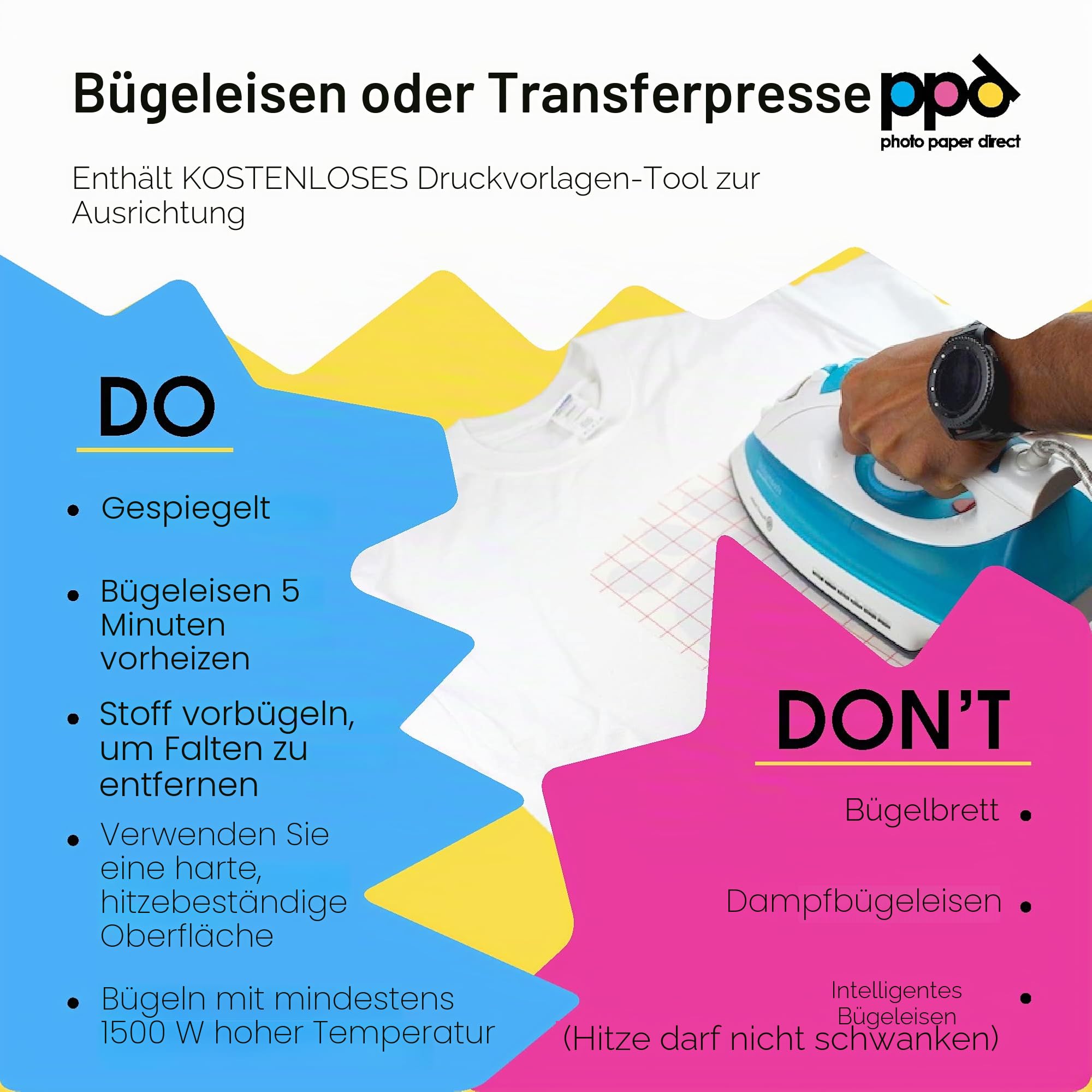 PPD 100xA4 Inkjet Premium Transferpapier für helles Textil, Bügeleisen und Transferpresse PPD-1-100