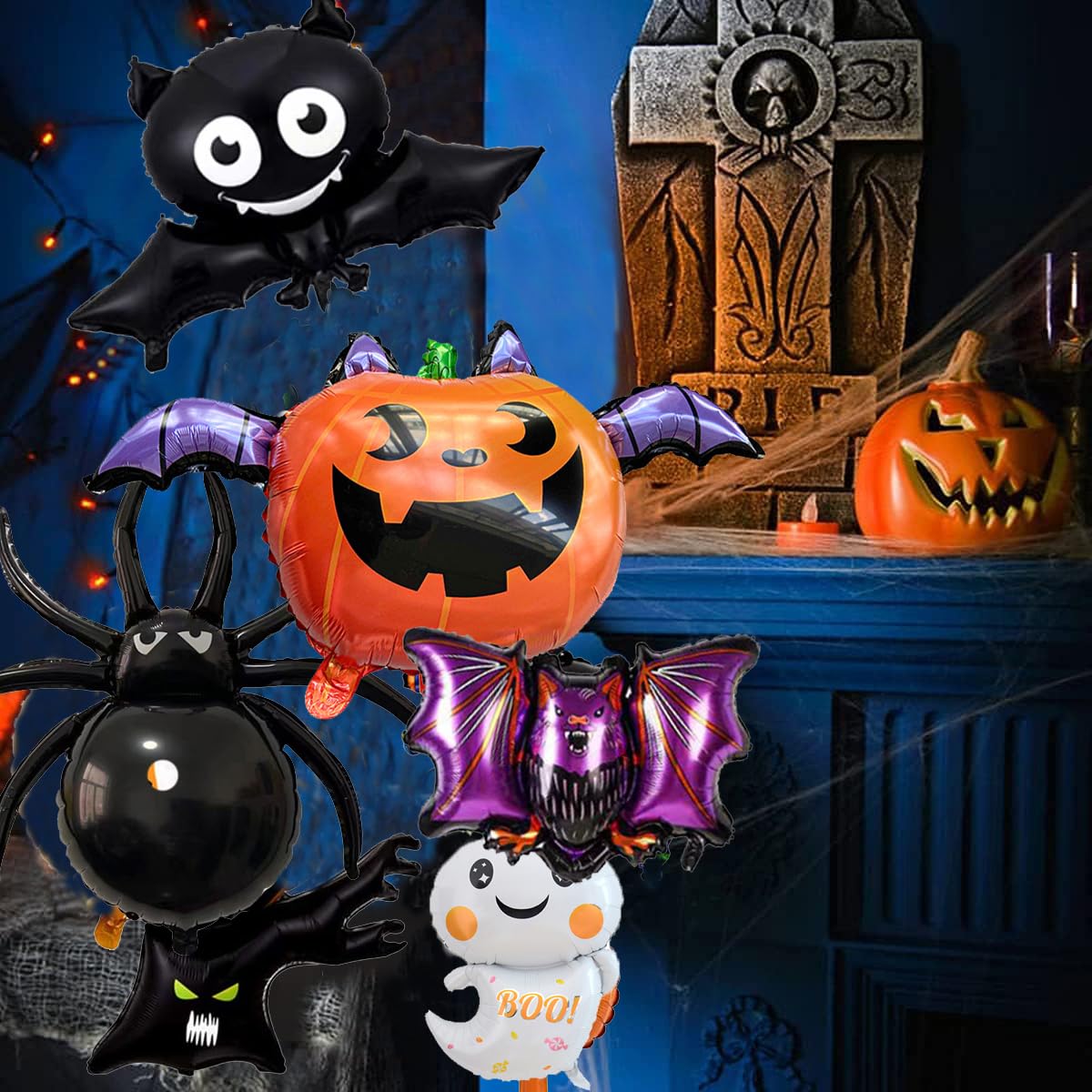 Lot De 5 Ballons Géants Halloween Chauve-souris, étoiles Et Citrouille - Pour Hélium Ou Air