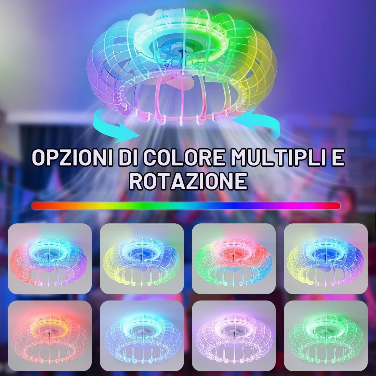 Ventilatore da soffitto silenzioso RGB con illuminazione, lampada da soffitto a LED con ventilatore e telecomando, dimmerabile, camera dei bambini, lampada con altoparlante Bluetooth, musica, lampada