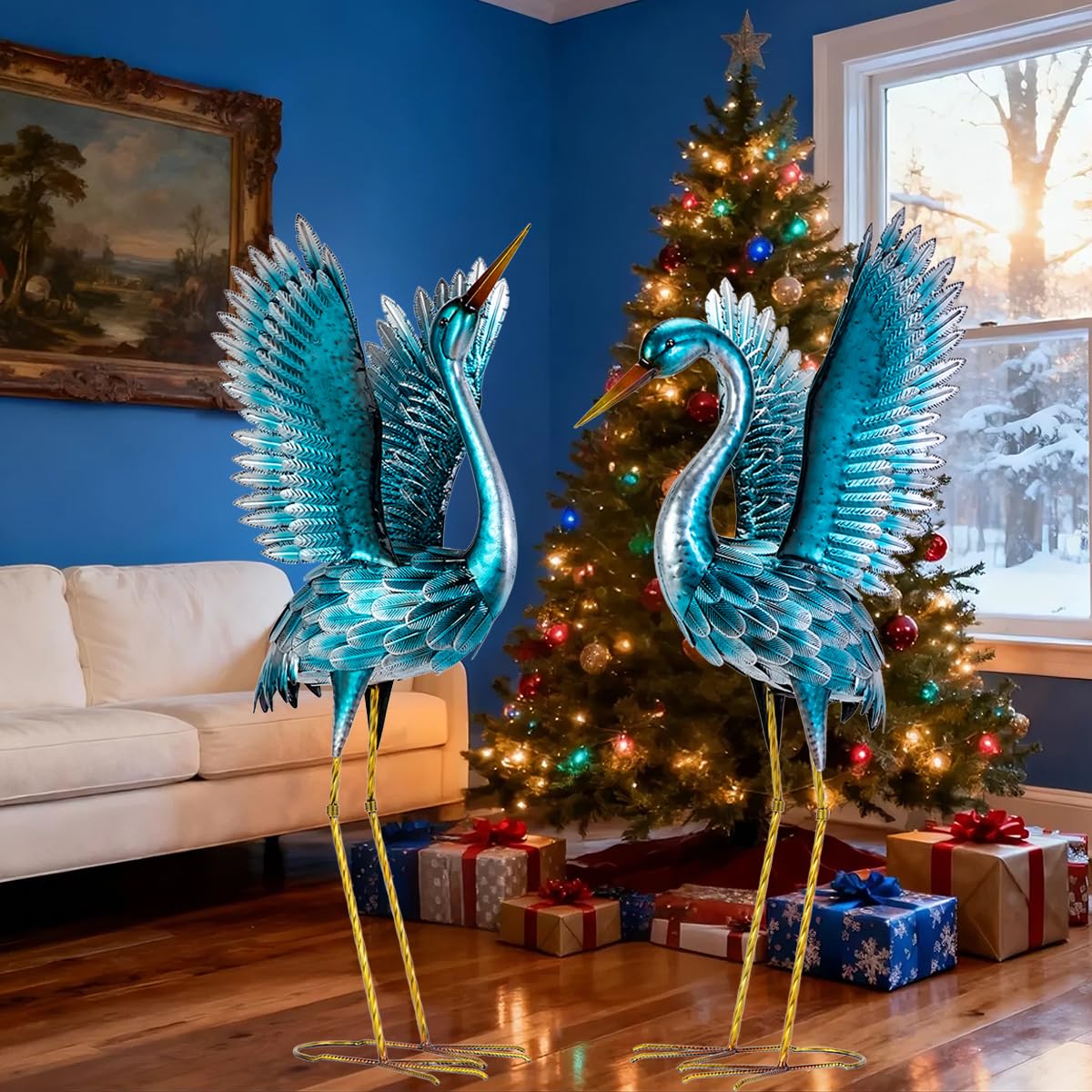 Natelf Garden Crane Statues for Outdoor, Blue Heron Decoy Courtyard Sculptures, Standing Metal Bird Yard Art for Patio Pond Backyard Decor(Set of 2)
