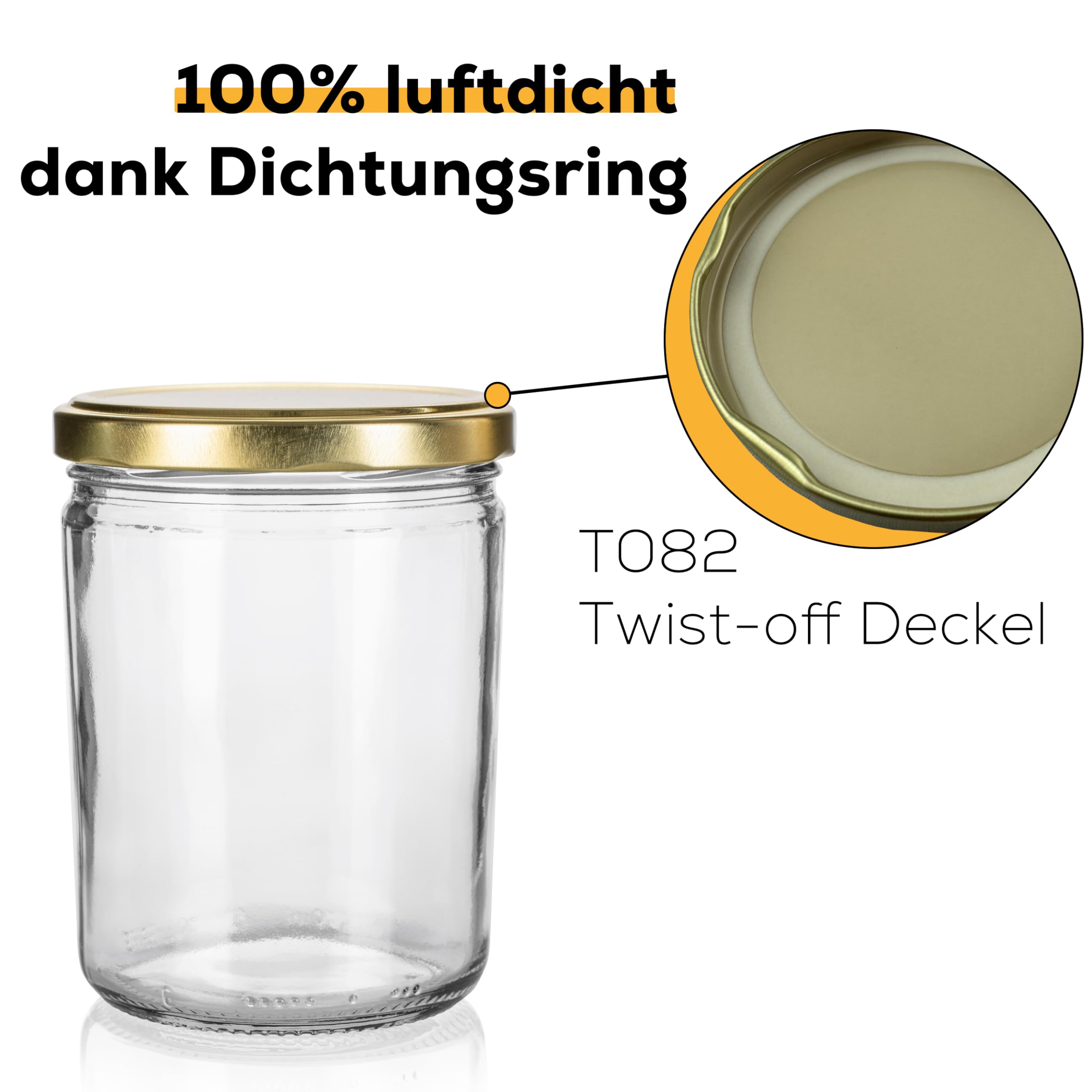 Sturzgläser mit Schraubdeckel | Füllmenge 440 ml | Gläser mit Deckel | Schraub - Deckel Twist Off 82 | Marmeladengläser, Einmachgläser, Einkochgläser, Einmachglas 435 ml (Golden, 96 Stück)