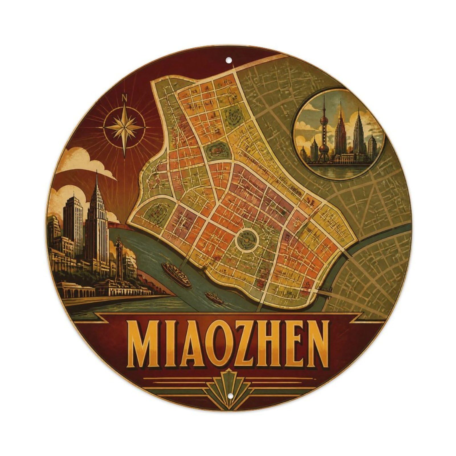 Okngb Style Riverfront Detail Shanghai Miaozhen Town Street Grid Metal Tin Sign Plaque Wall Decor For Cafe, Man Cave, Club Bar, Office, Home Garden Round Metal Poster 8X8inch