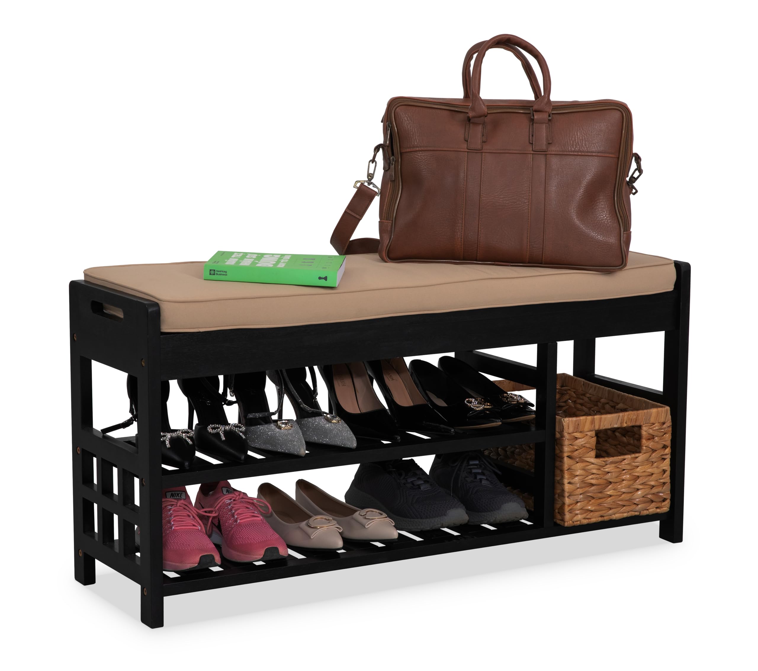 VICTORY RELAX Wooden Shoe Rack with Bench Seat - Black Acacia Wood Entryway Organizer with Cushioned Top & Easy-Move Handles - Multi-Level Shoe Shelf