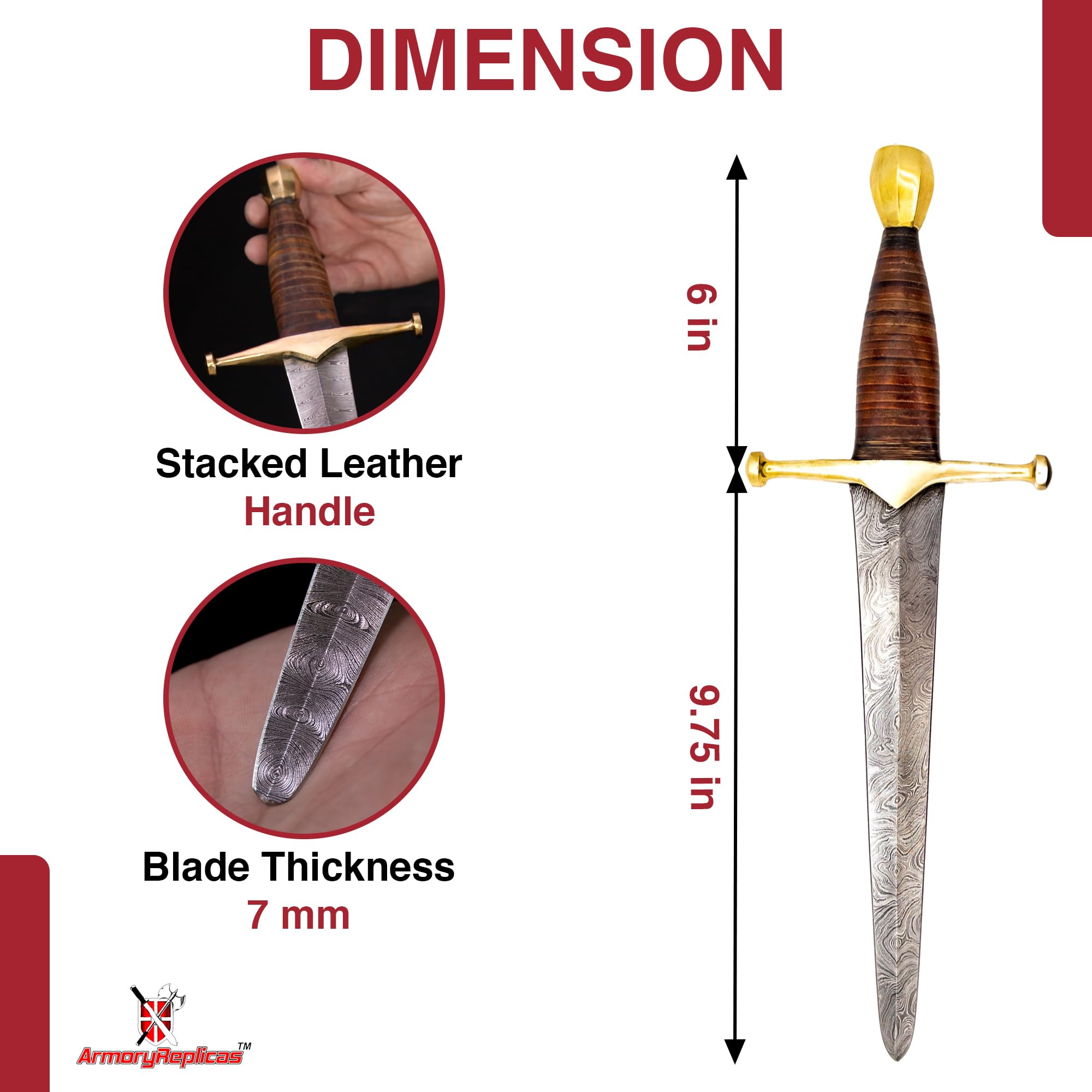 Armory Replicas King of Thieves Full Tang Damascus Steel Arming Dagger | Pattern Welded Steel Collectible Hand Forged Dagger Knife Leather Sheath Included