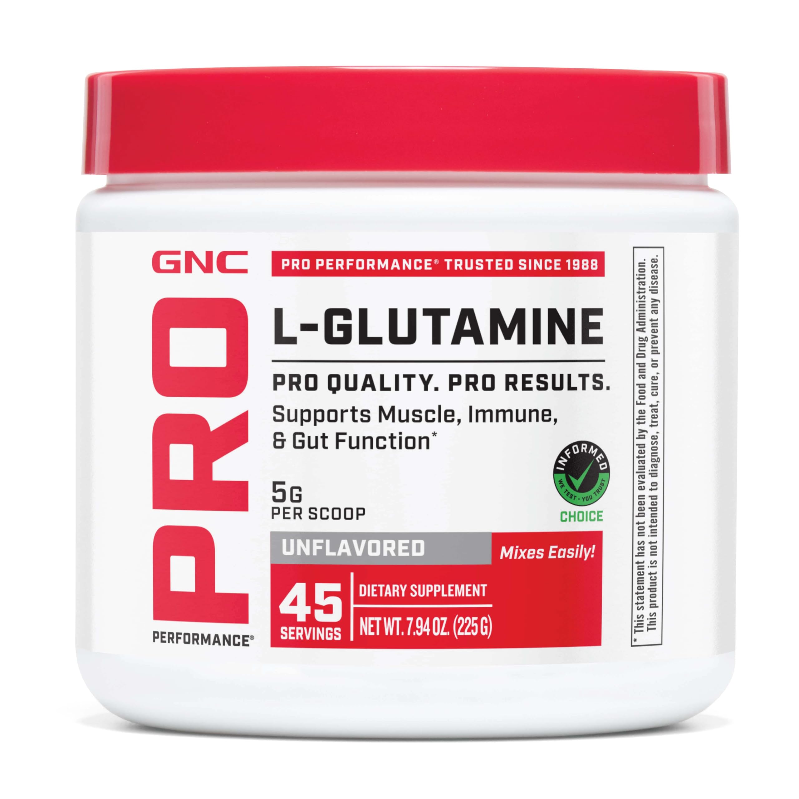 GNC Pro Performance L-Glutamine 5000mg, Unflavored, 45 Servings 7.94 Ounce (Pack of 1)