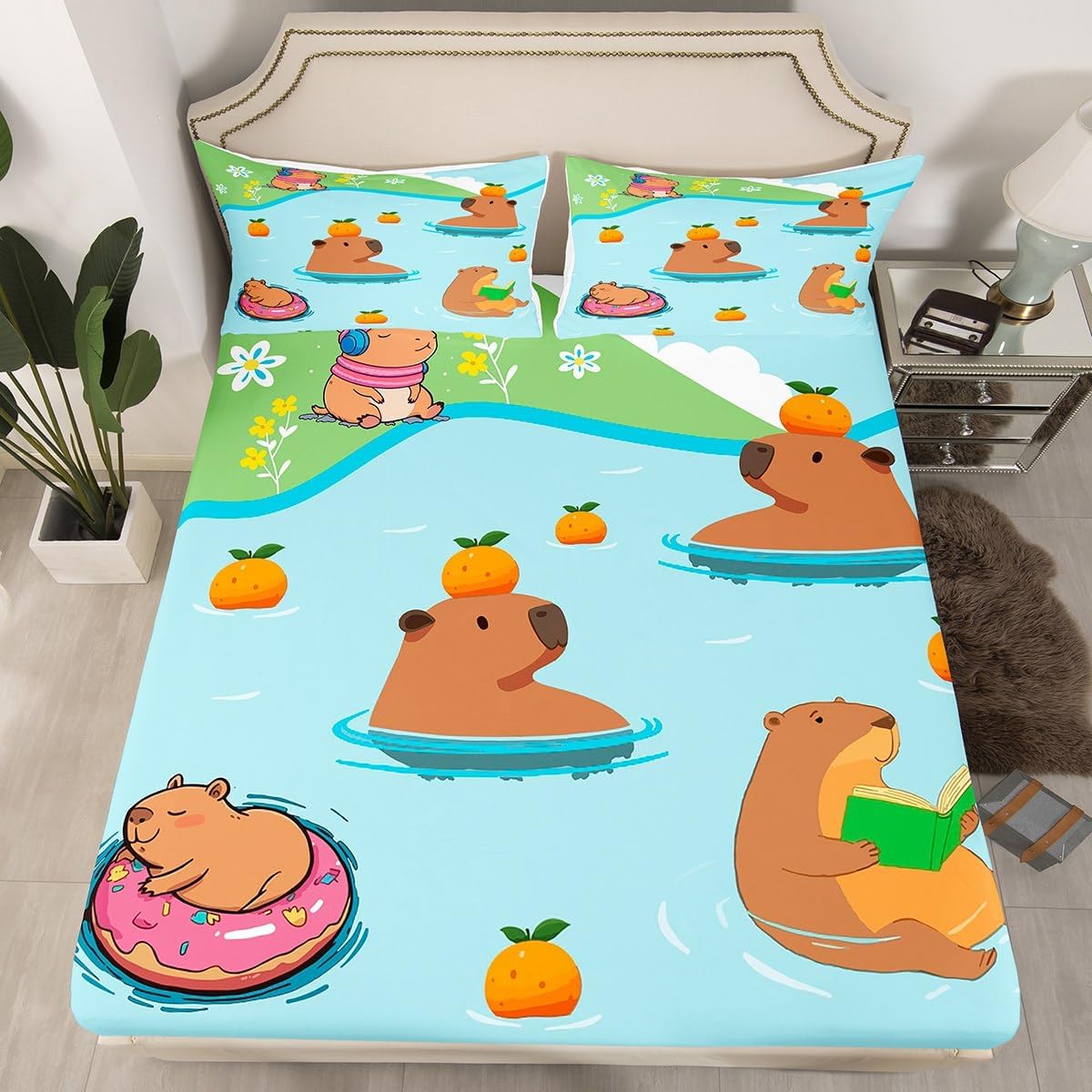 Kawaii Guinea Pig Fitted Sheet Queen Size Pink Strawberry Flower Bedding Set 3Pcs(No Flat Sheet) Cartoon Animal Bed Sheet for Boys Girls Teens Room Decor Geometric Stripes Deep Pocket Sheet