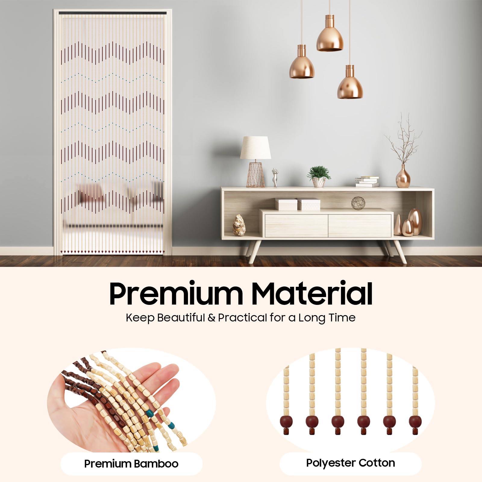 Rideau de porte à perles 90 x 220 cm - Moderne - Avec motif ondulé - Perles en bois - Décoration - En bambou - Pour salon, balcon, patio