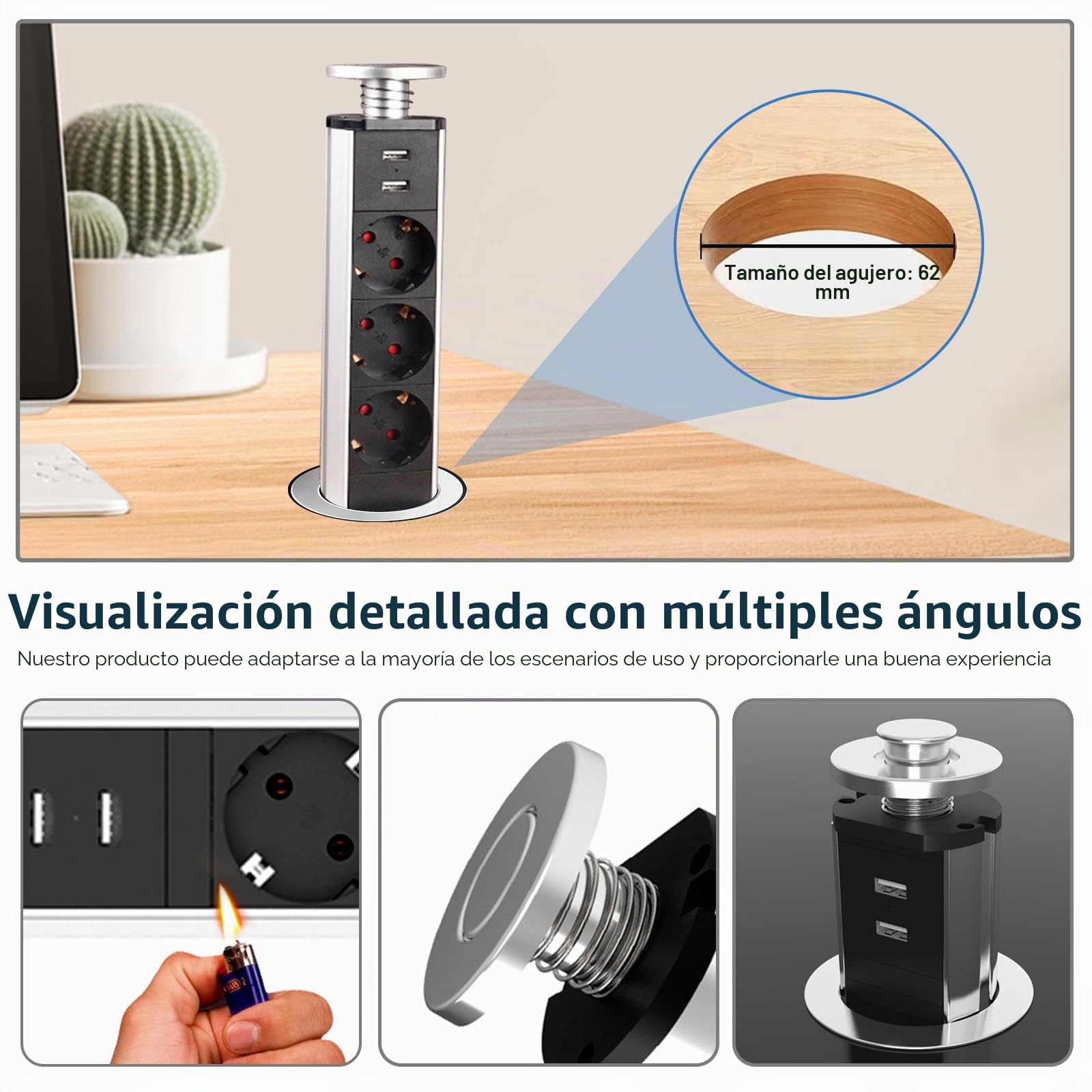 Regleta de mesa retráctil con 2 puertos USB, 3 enchufes retráctiles, 60 mm, con cable de 2 m, regleta empotrable, para encimera, oficina, cocina