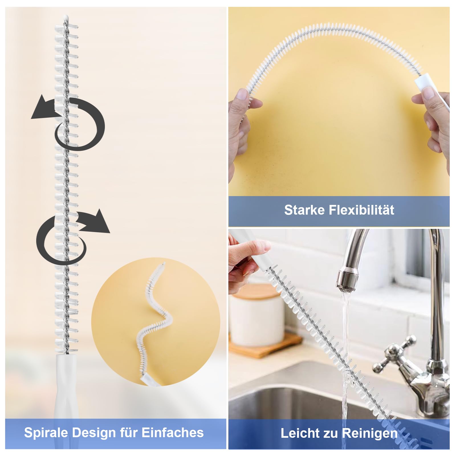 Kit 4 Pezzi Spazzola Stura Scarichi - 45cm Flessibile Con Spazzolini Per Bottiglie - VEPEPE