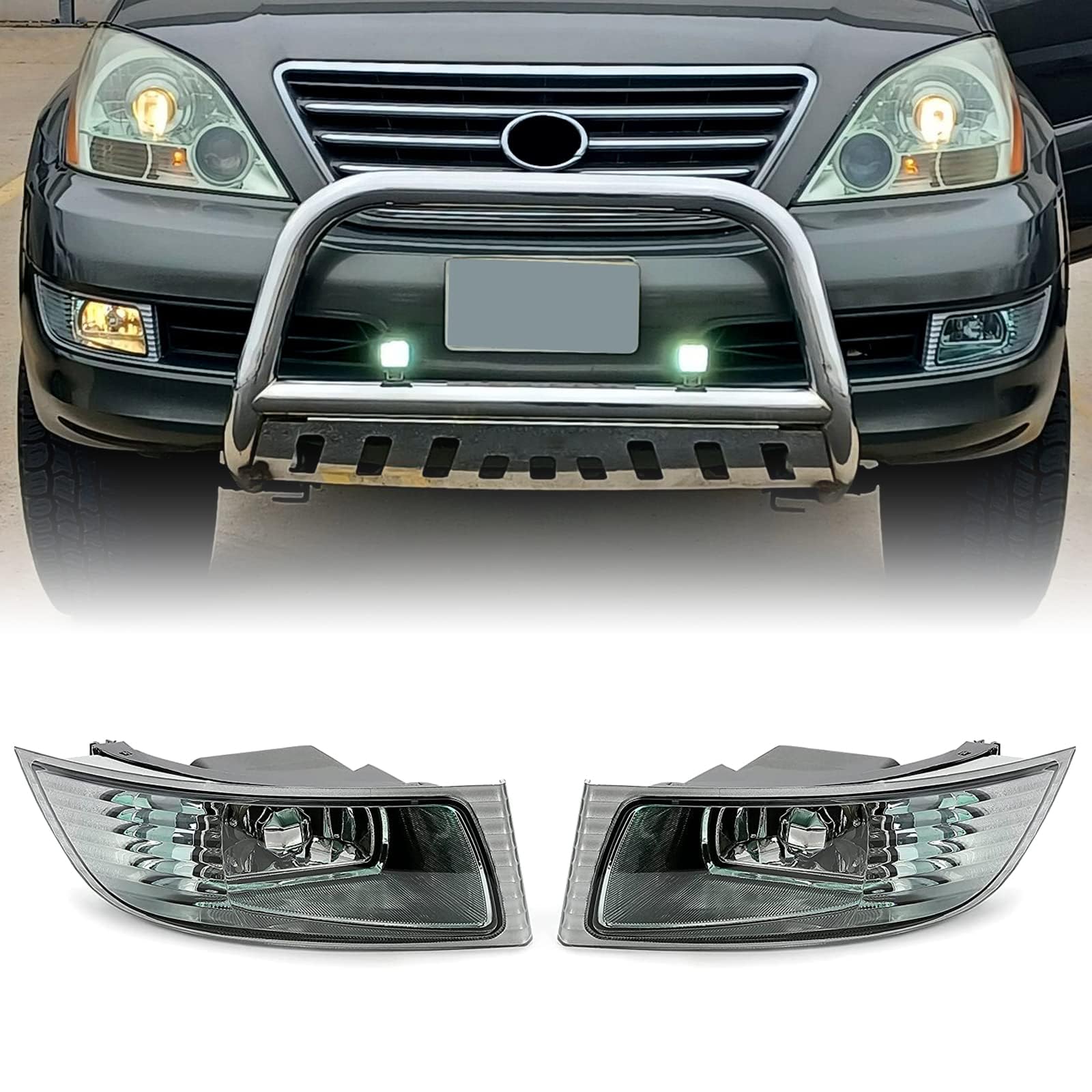 HECASABumper Fog Light w/Bulb Compatible with 2003-2009 LEXUS GX470 without sport package Replacement for 81221-60080 81211-60160 LX2593105 LX2592105 Halogen Front Pair Driving Lamp Left Right