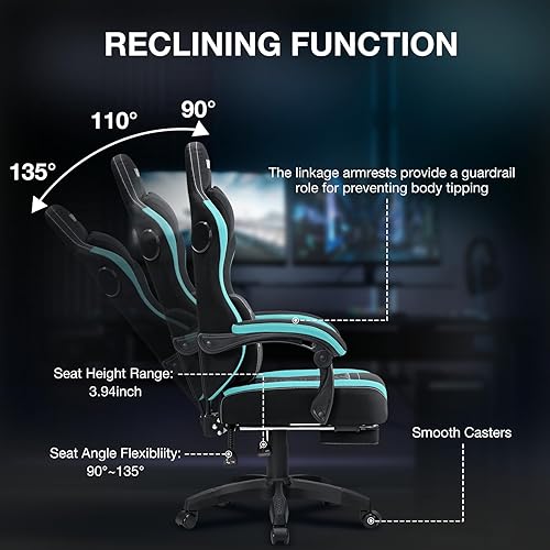 Miniatura 8 de HOFFREE Silla de juegos con altavoces Bluetooth, silla de juegos de masaje con reposapiés, silla de computadora de tela, sillas ergonómicas para