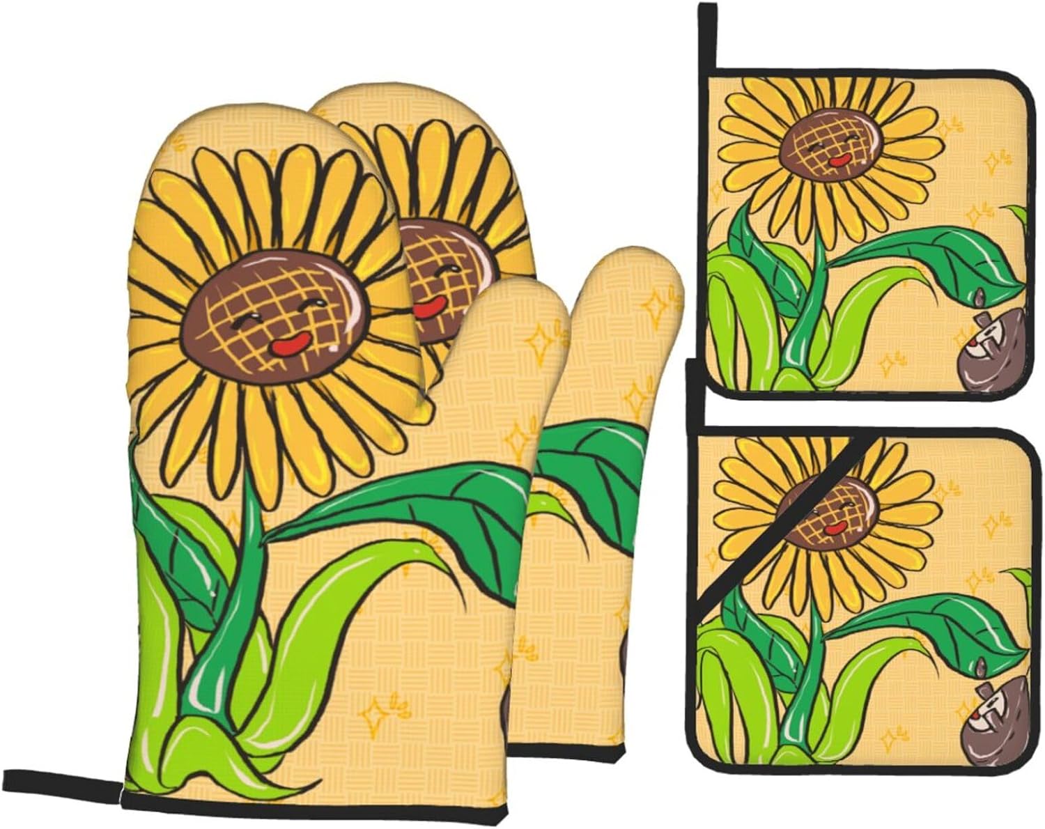 Sunflower seeds and sunflowers Oven gloves and heat-resistant mat 4-piece set. Suitable for grilling, microwave oven frying, and baking