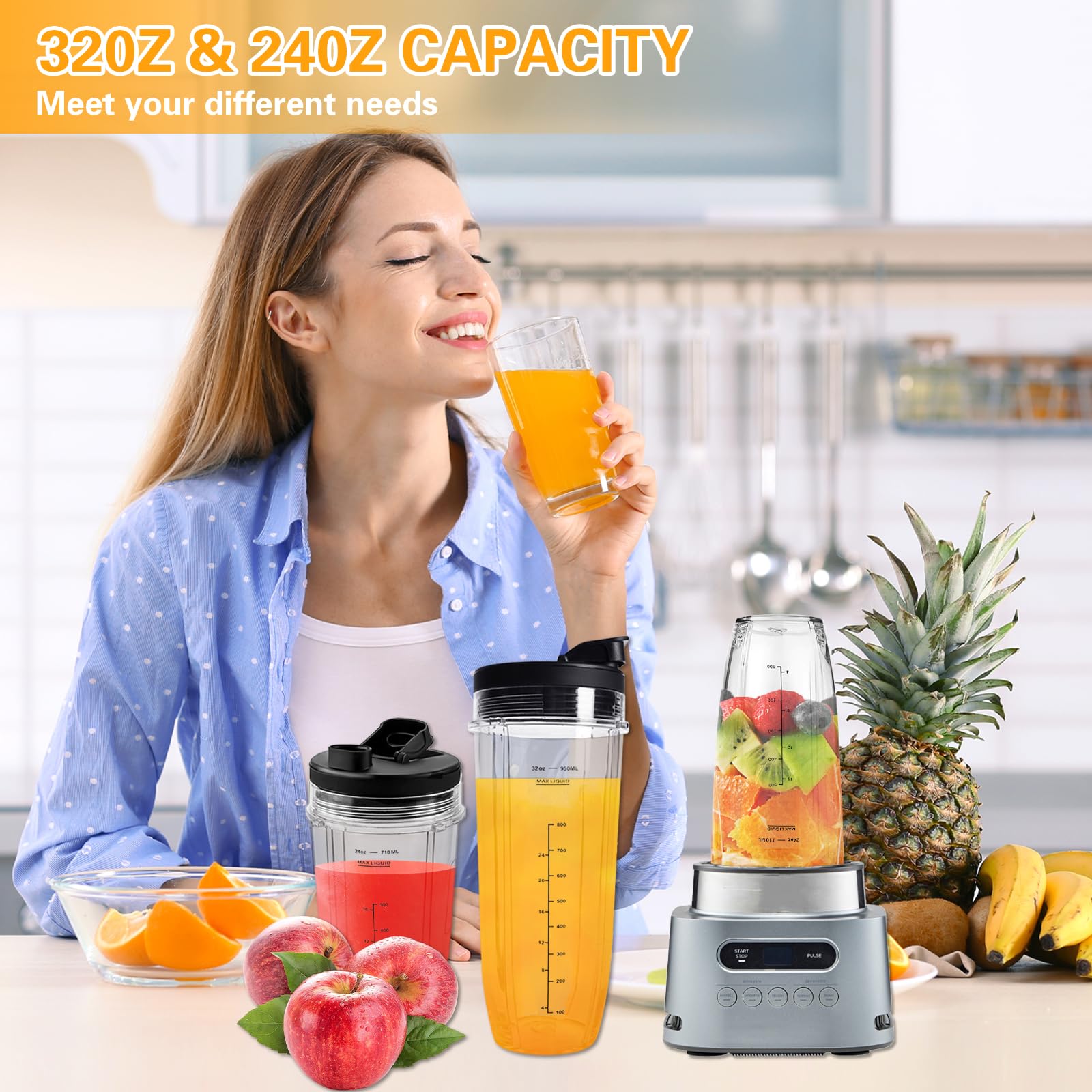 6 sztuk części zamiennych do blendera - 2 kubki do miksowania 24oz / 2-częściowy kubek do sokowirówki 710 ml + szczotka do czyszczenia z 2 przenośnymi pokrywkami + zapasowe ostrze sokowirówki