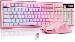 ZJFKSDYX C104 Wireless Gaming Keyboard and Mouse Combo - RGB Backlit, Mechanical Feel, Anti-ghosting, Rechargeable Battery, 7D 3200DPI Mice for Gamers (Pink)
