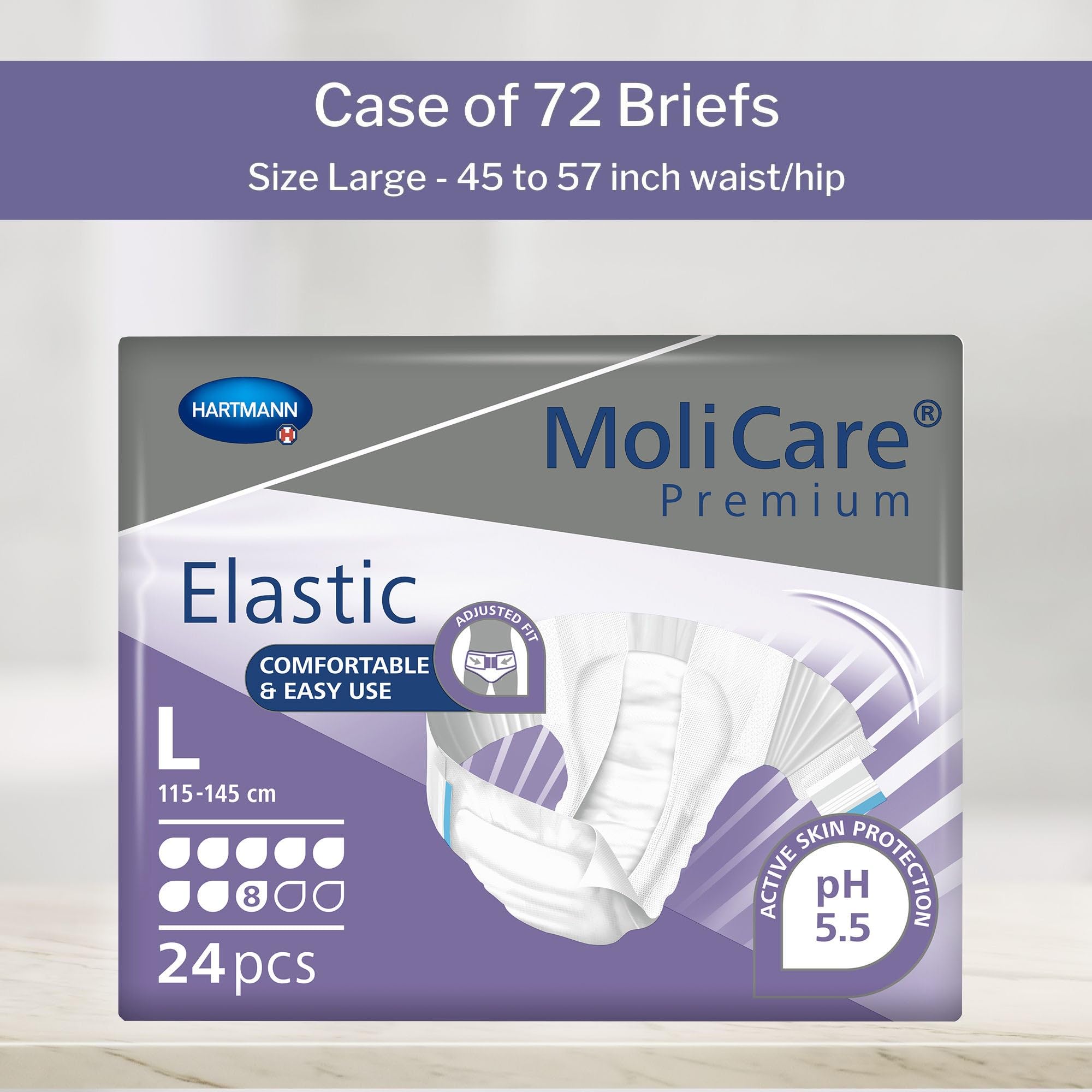 MoliCare Premium Elastic Slip: w przypadku ciężkiego nietrzymania moczu dla kobiet i mężczyzn; 8 kropli, rozmiar L, (obwód bioder 115-145 cm), 3 x 24 sztuki