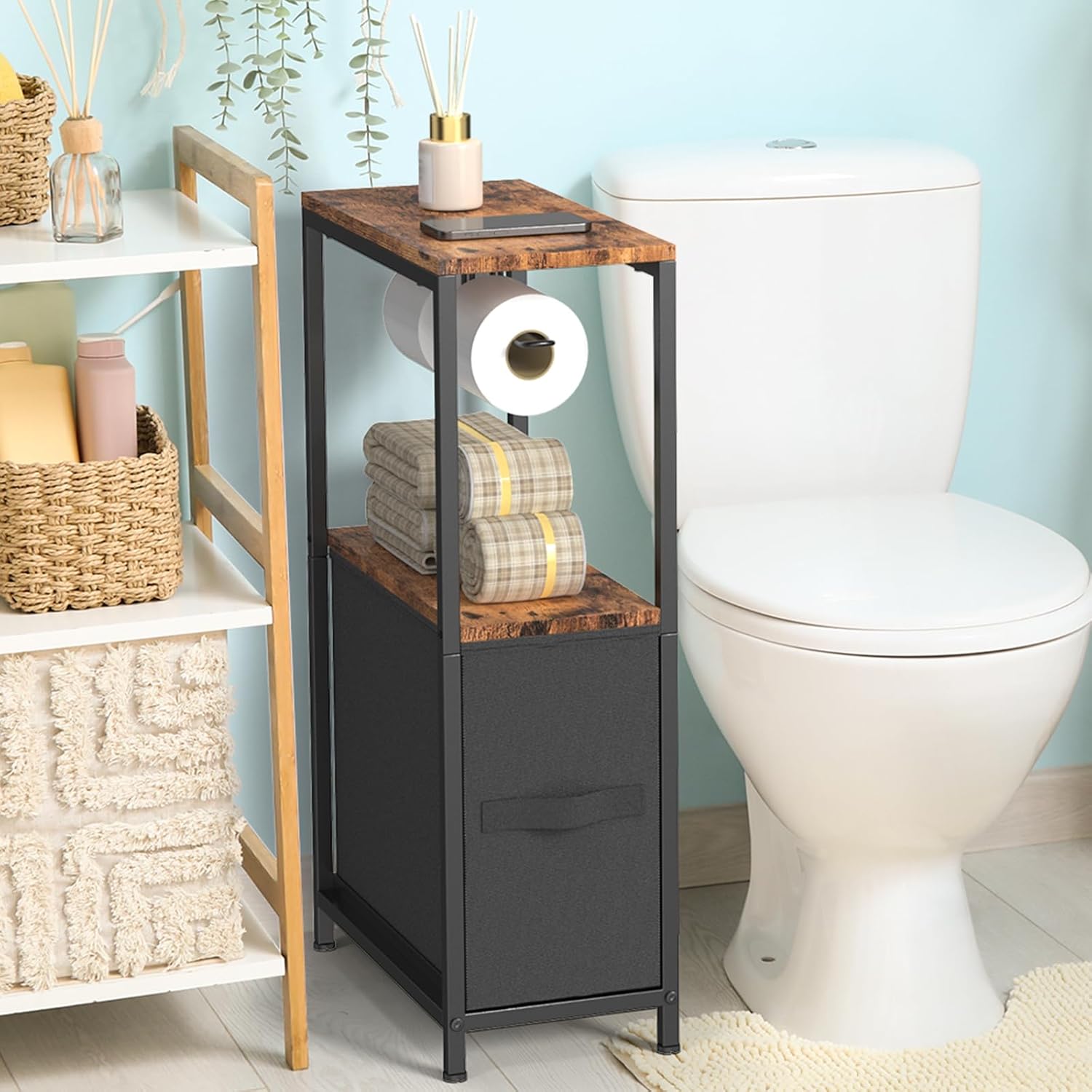 Toilet Paper Holder Stand with Drawer, Free Standing Toilet Paper Holder, Standing Small Bathroom Storage Cabinet, Slim Toilet Storage Cabinet for Small Space