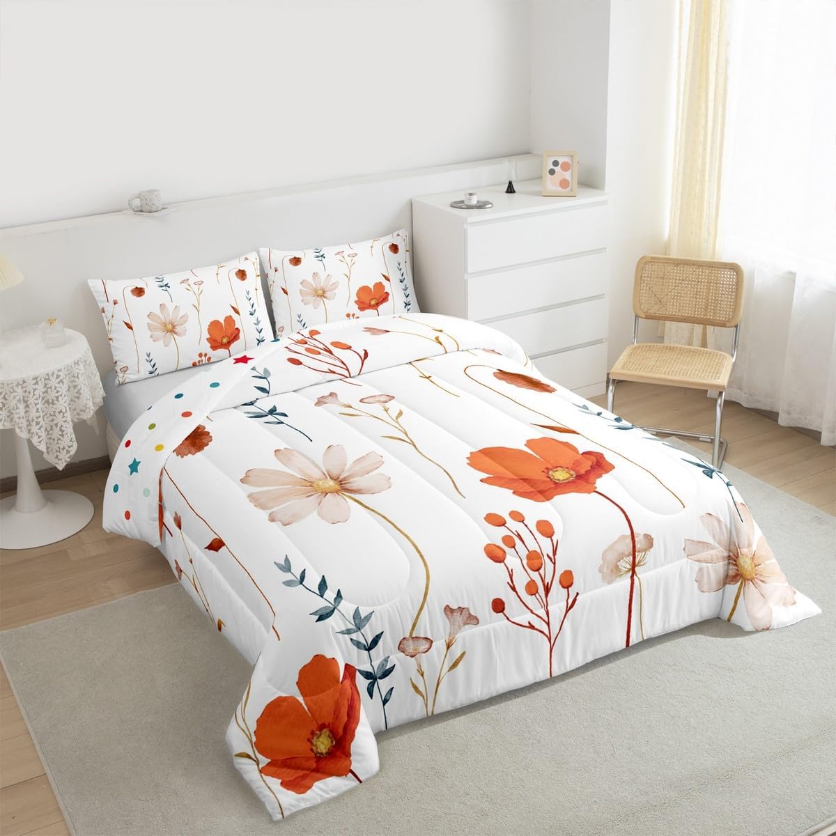 Erosebridal Watercolor Flower Comforter Set Full, Retro Orange Beige Floral Bedding Set for Kids Teens Adult Women, Modern Minimalist White Quilt Branches Pastoral Duvet Insert with 2 Pillow Cases