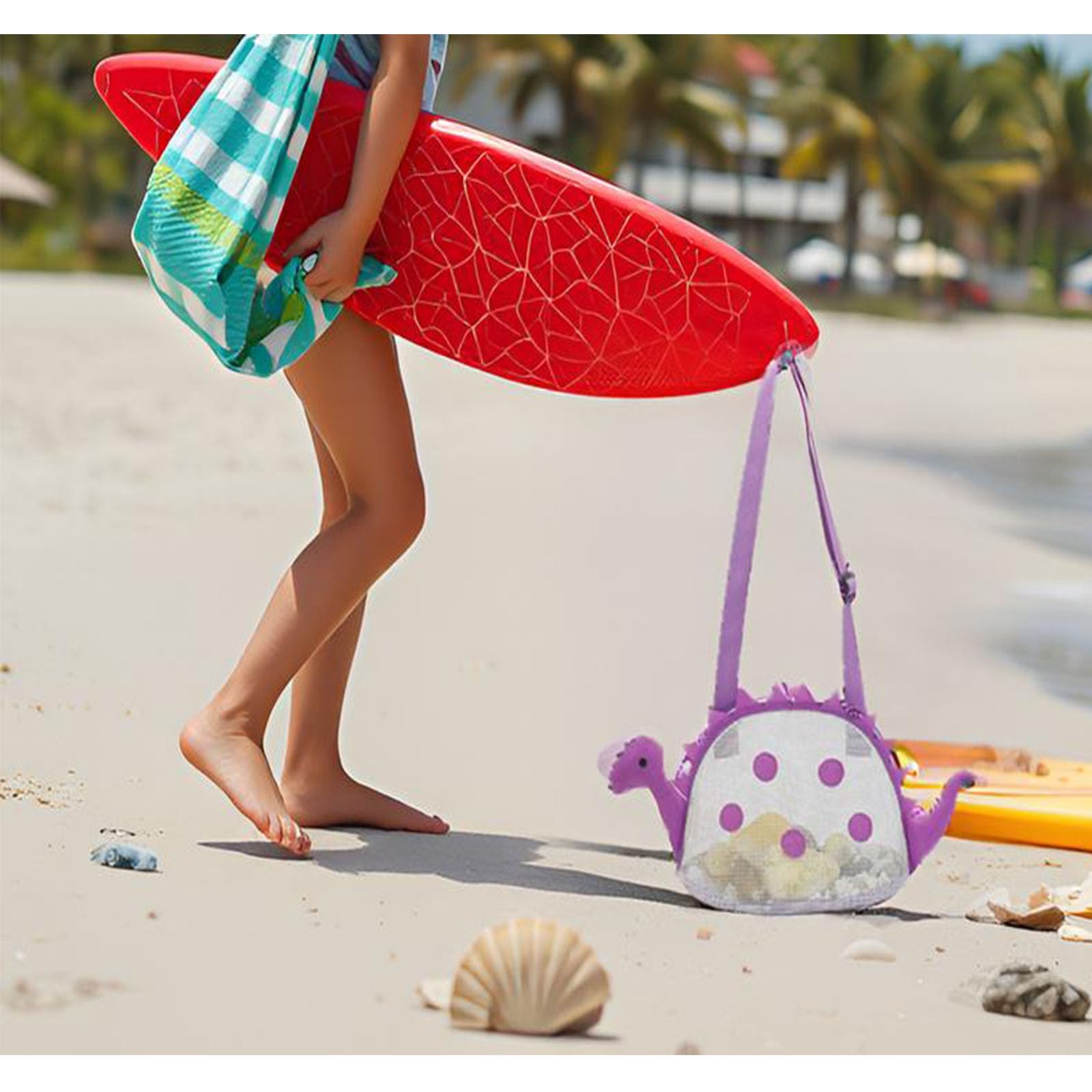 AUON Bolsa de playa de malla para niños, bolsa de conchas de dinosaurio, playa, arena, juguetes para sostener conchas, juguetes de playa, juguetes de arena, accesorios de natación para niños y niñas