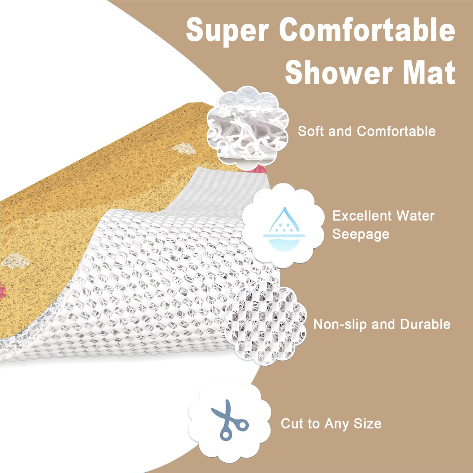 Tapis de bain antidérapant extra long pour l'intérieur, en luffa en PVC souple avec drainage, séchage rapide pour zone humide, sans ventouse, 80 x 120 cm, jaune bleu
