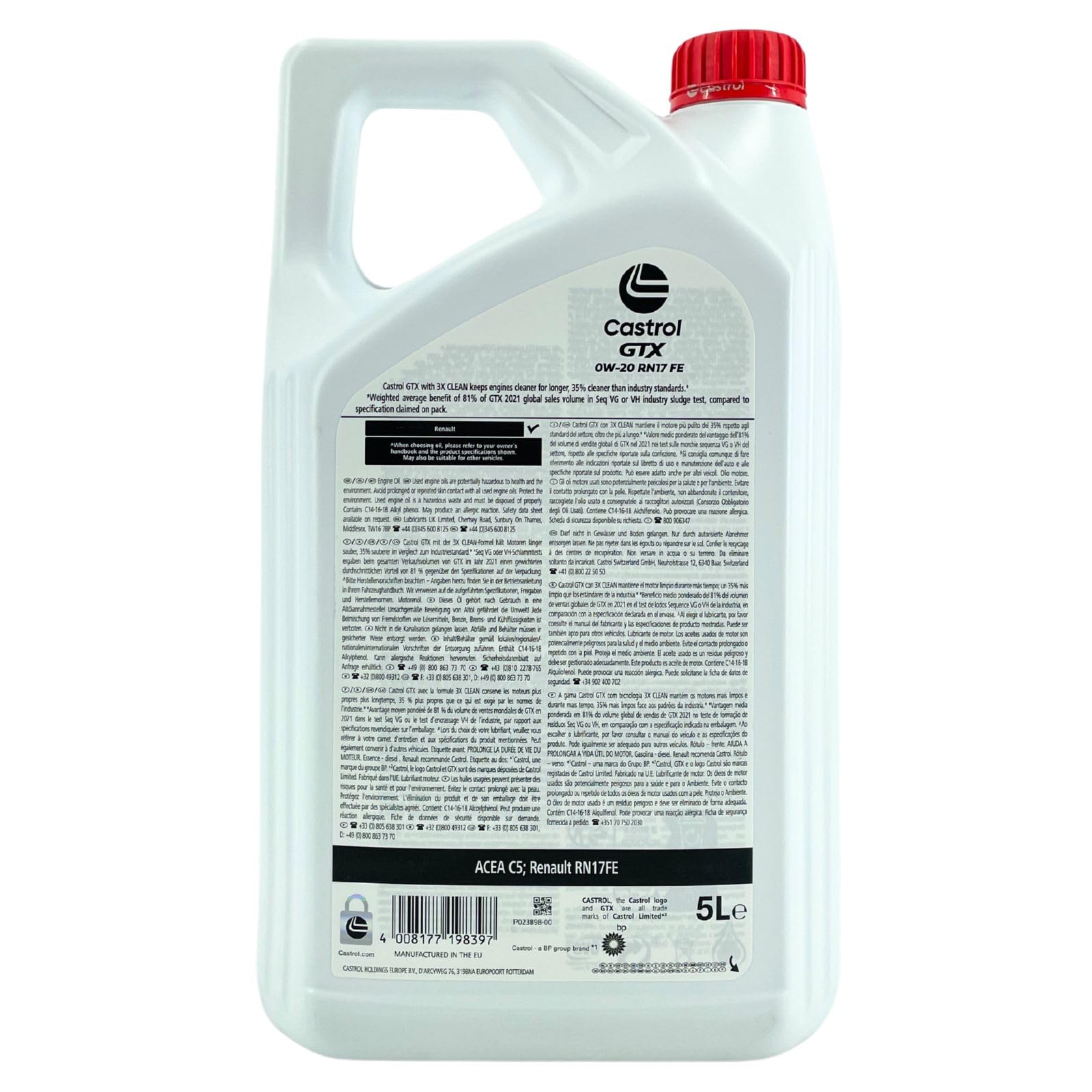 CASTROL Huile moteur GTX 0W-20 Huile synthétique huile ACEA C5 API SP RN17 FE 5 L Compatible avec RENAULT Kangoo II Express FW, FW0/1 Kangoo II/Grand Kangoo KW, KW0/1 Trafic III Van FG