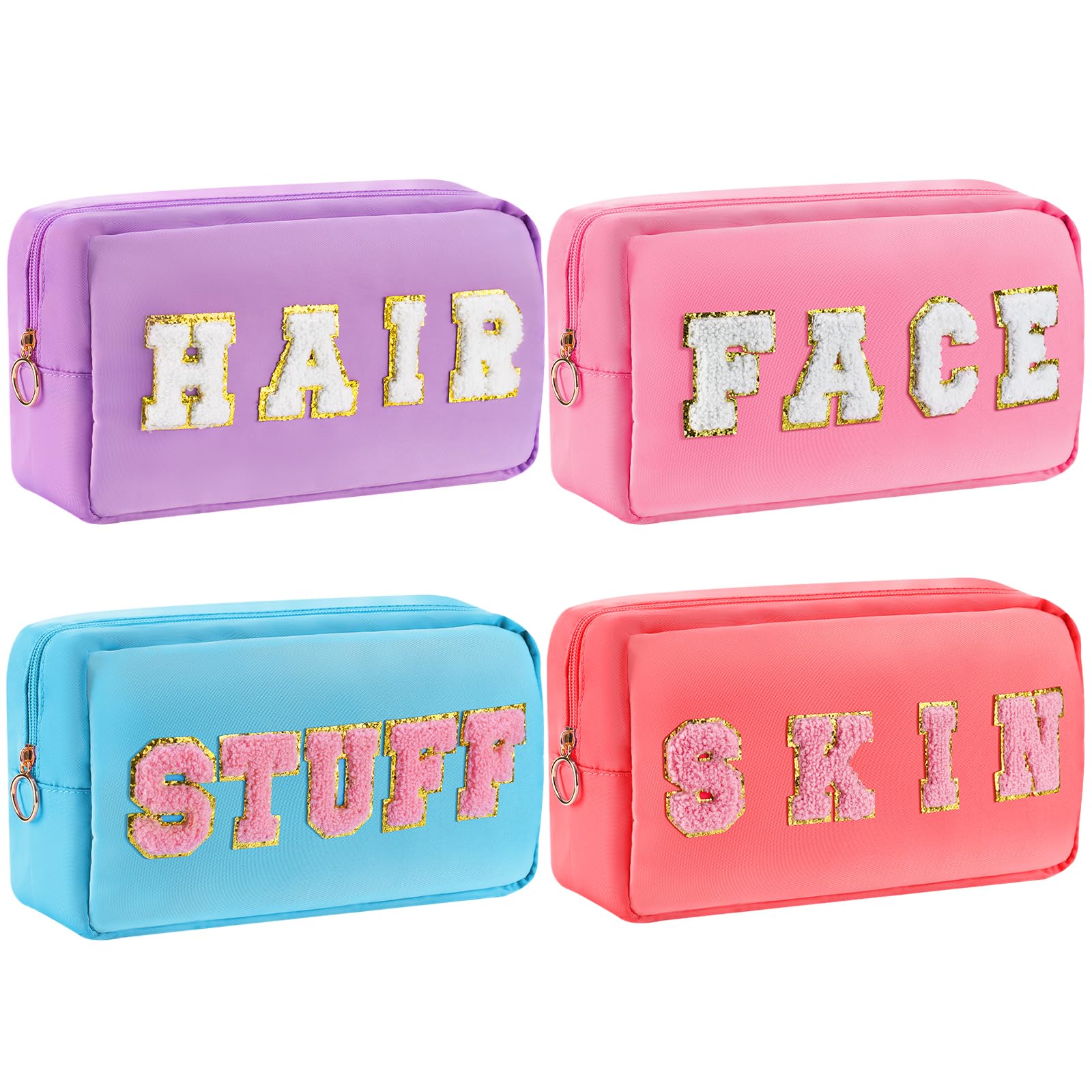 Aphlos Big Preppy Cosmetic Organizer Bag 4-Pack, 11.2"x5.5"x3" Labeled Water-Resistant Skincare Bag for Cosmetics, Toiletries- Nylon Preppy Makeup Bag in Vibrant Hues & Chic Chenille Sequined Patches