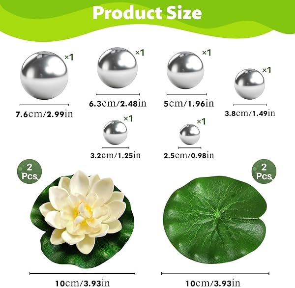 10 PCS Teich Deko Set, Edelstahl Spiegelkugel Gartenkugeln, Miniteich Komplettset, Schwimmkugeln für Miniteich, Eva Lotusblätter Dekorative, für Teich Garten Springbrunnen - 2