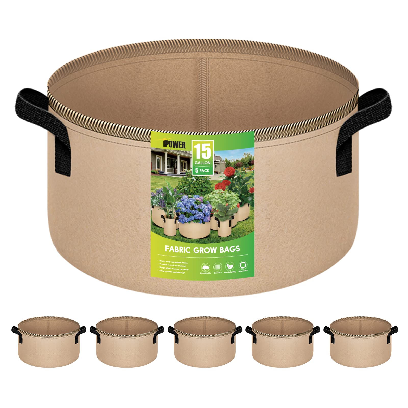 iPower Plant Grow Bag 15-Gallon 5-Pack Heavy Duty Fabric Pots, 300G Thickened Nonwoven Aeration Durable Container, Nylon Strap Handles for Gardening, Planting Tomatoes, Herbs, Flowers, Tan