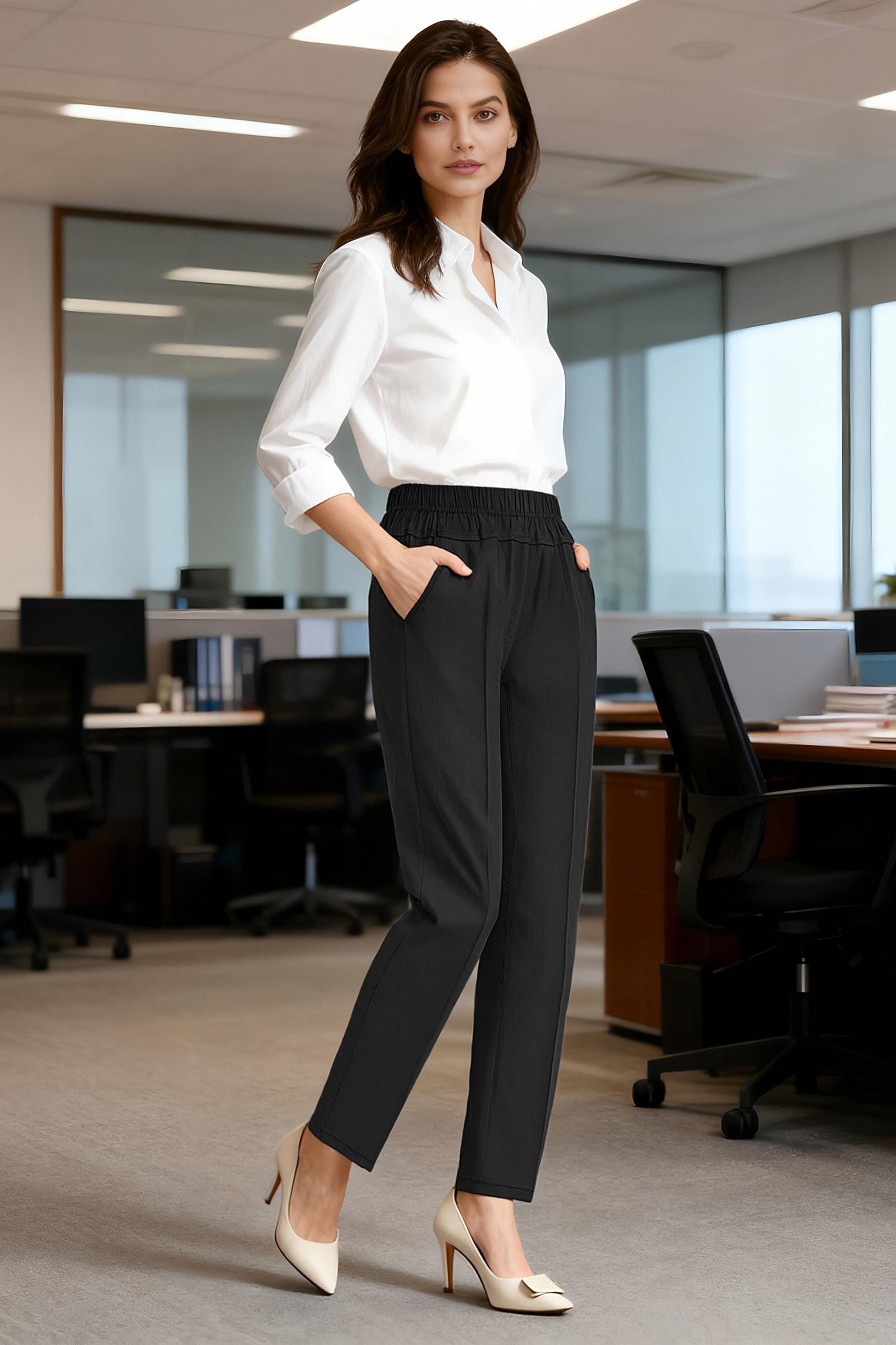 Soojun Womens Summer Elastic Waist Comfy Stretch Pull On Pants