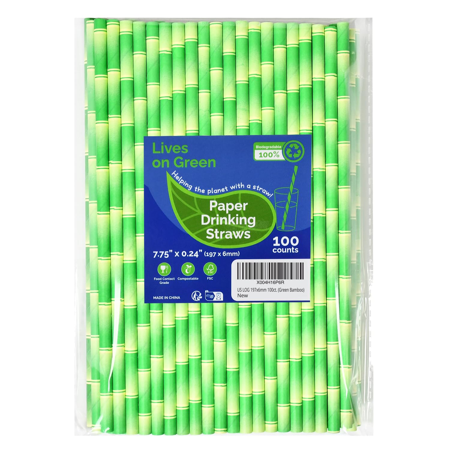Lives on Green Paper Drinking Straws, Green Bamboo, 19.7 x 0.6 cm - for Cocktail Juice, Iced Tea, 100% Biodegradable