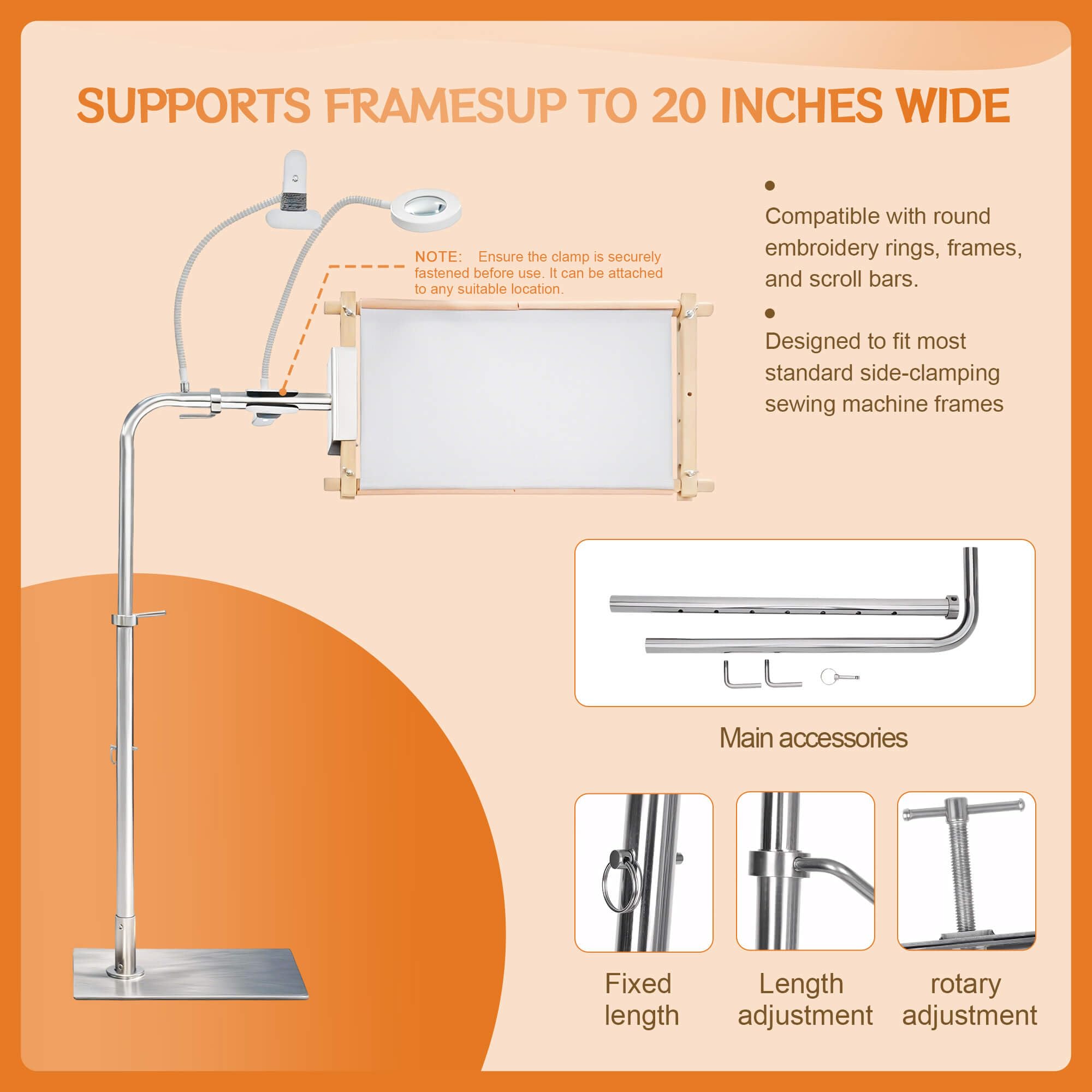Soporte de punto de aguja, soporte de bordado ajustable y soporte de piso de punto de cruz con lupa iluminada, soporte de marco de metal resistente para aros, varillas Q-Snap y de