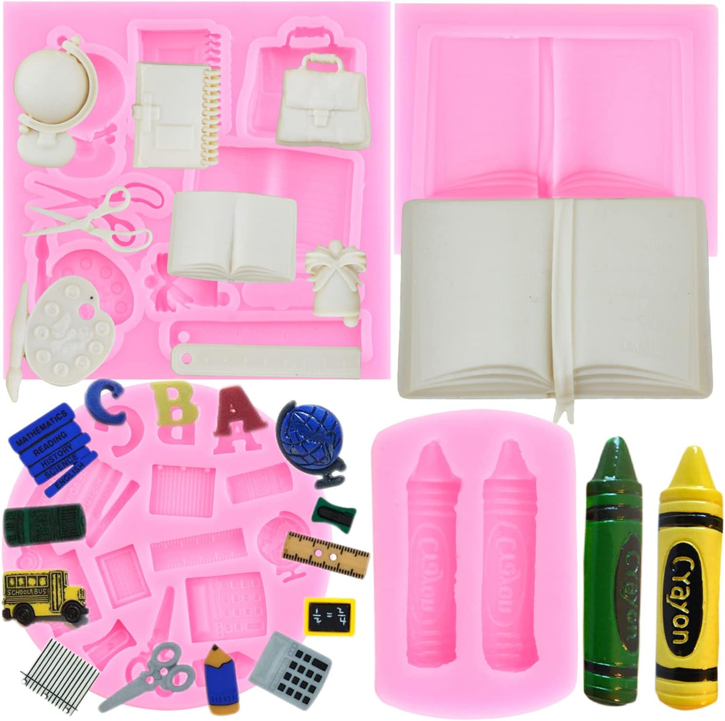 Mujiang Moldes de silicona para el regreso a clases, bolsa escolar, crayón, tijera, paleta de dibujo, regla, molde de fondant para cupcakes,