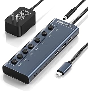 Minisopuru Powered USB Hub,7 IN1 Powered USB C Hub with 3 USBA 3.0 Data Ports and 4 USB C Data, Smart Charging for iPhone/iPad, USB Splitter with Individual On/Off Switches and 12V/3A Power Adapter
