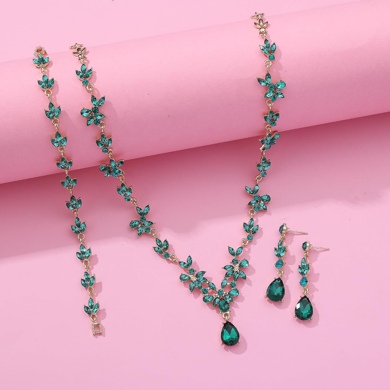 Paxuan Bridal Wedding Elegant Floral Jewelry Set for Women/Brides/Bridesmaids Crystal Jewelry Set for Wedding Prom Party Bridal Crystal Necklace Earrings Bracelet Set image 5