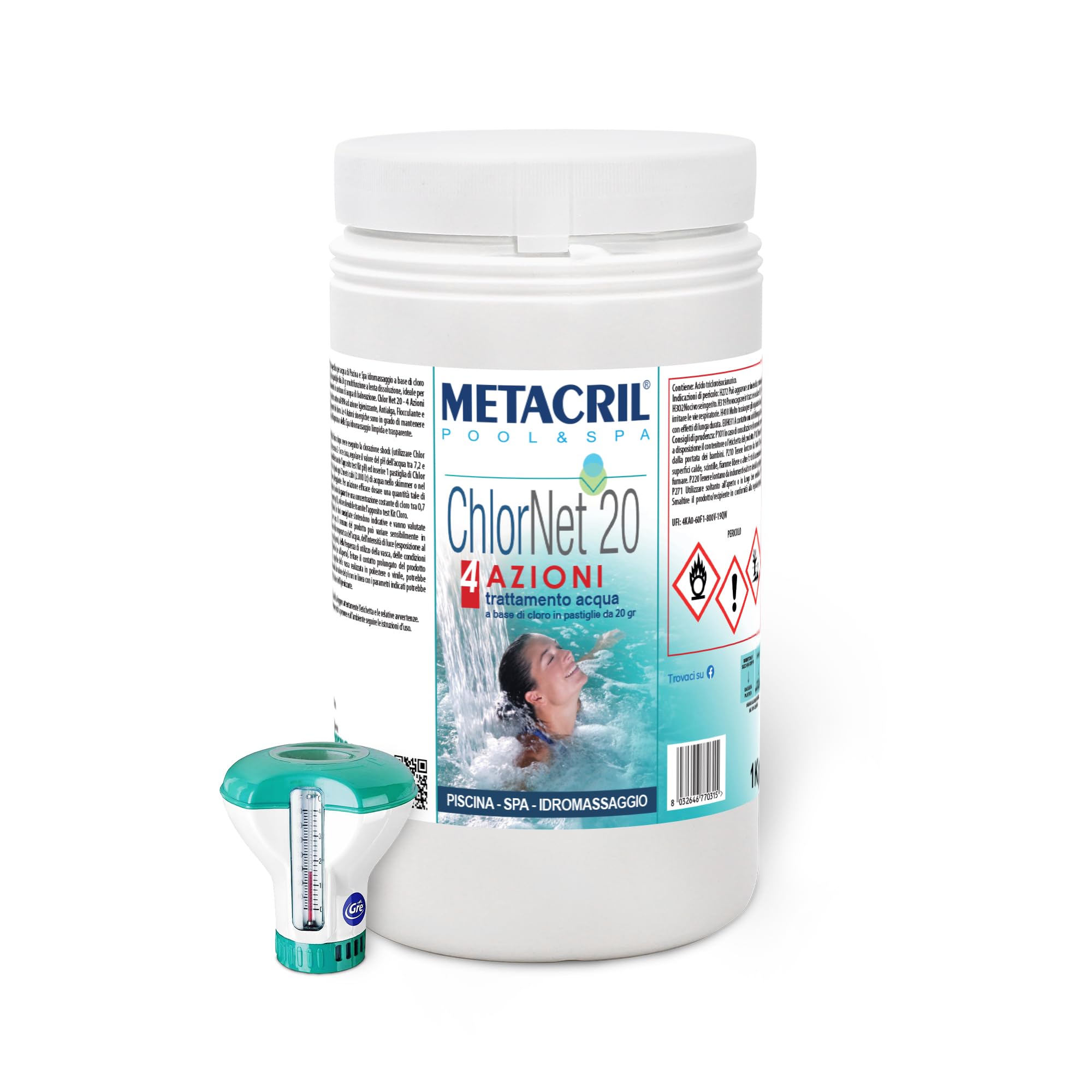 Metacril Chlor Net 20 4 Actions + Distributeur Flottant avec Thermomètre, Chlore Multi-Action, en tablettes de 20 g, pour Piscine et Spa - 1 KG