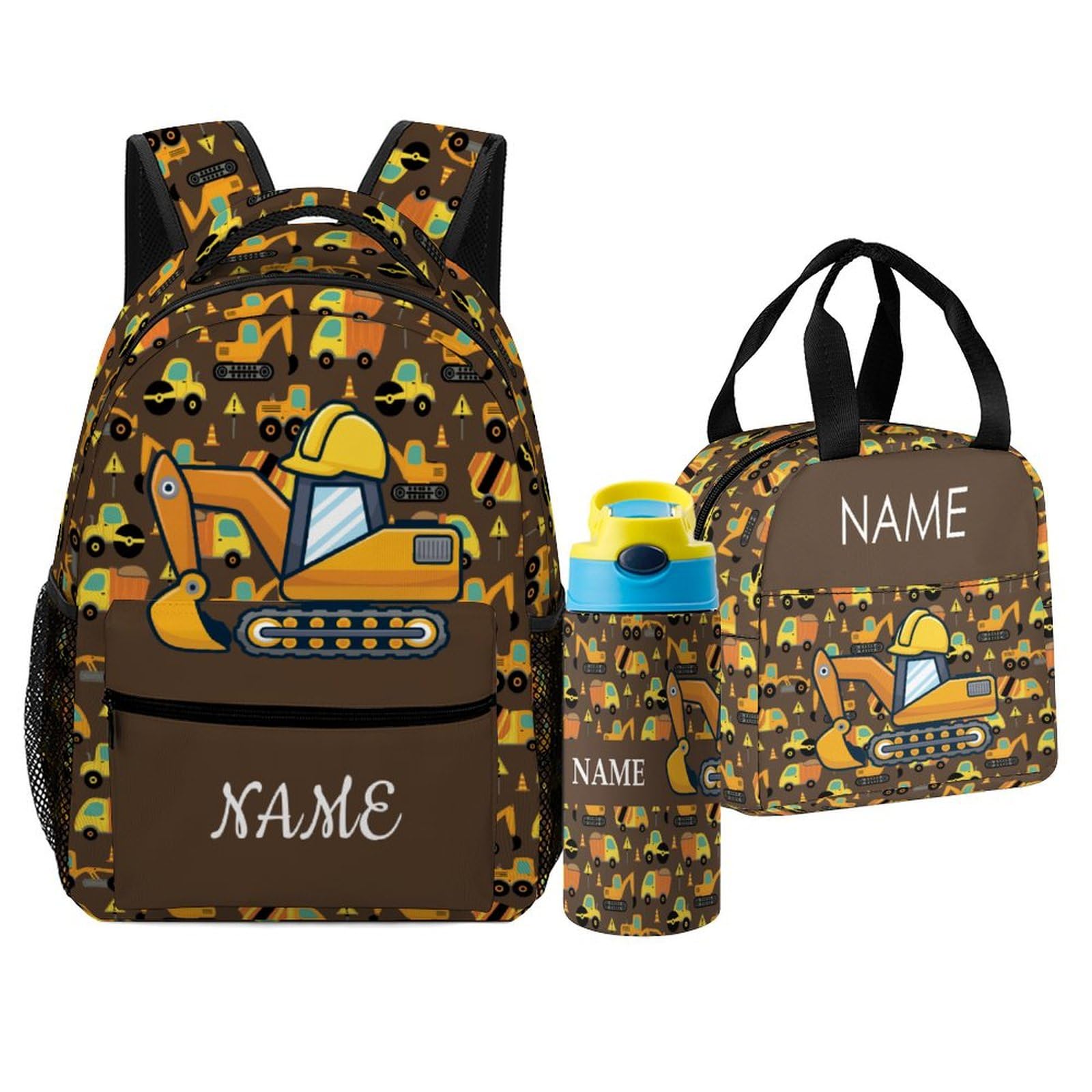 Fovanxixi Custom Excavator Car Backpack for Kids Boys Girls Personalized Name School Bag with Lunch Bag Kids Water Bottle Customize 3Pcs Backpack Set