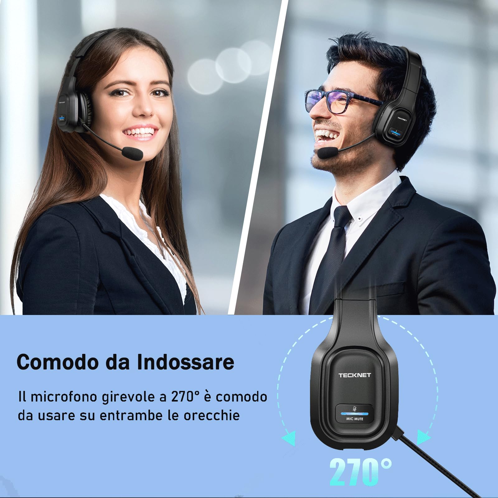 TECKNET Cuffie Bluetooth Senza Fili con Micro, Riduzione del Rumore Cuffie Audio 32-36 Ore di Autonomia per PC Portatile Computer/Call Center/Telefoni/Skype/Ufficio/Zoom/Camion Driver