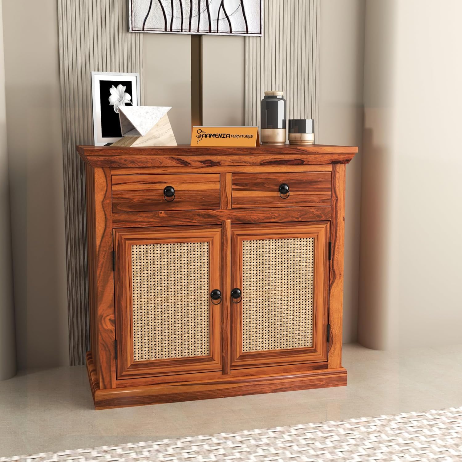 FURNESHO Small Wooden Cabinet for Living Dining Drawing Bedroom & Office with 2 Drawer & 2 Rack - Solid Wood Sheesham Cabinet in Net Style (Honey Finish)-image-45