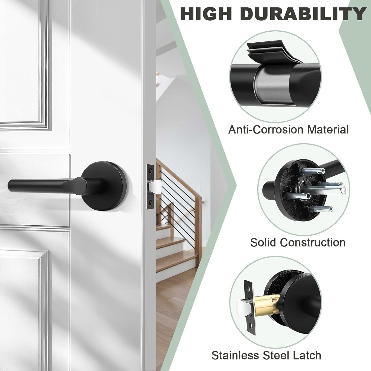 knobelite 1 Pack Black Passage Door Lever,Non-Locking Keyless Door Handle Set for Closets or Hallway,Interior Door Lock for Right & Left Side Handed,Stainless Steel