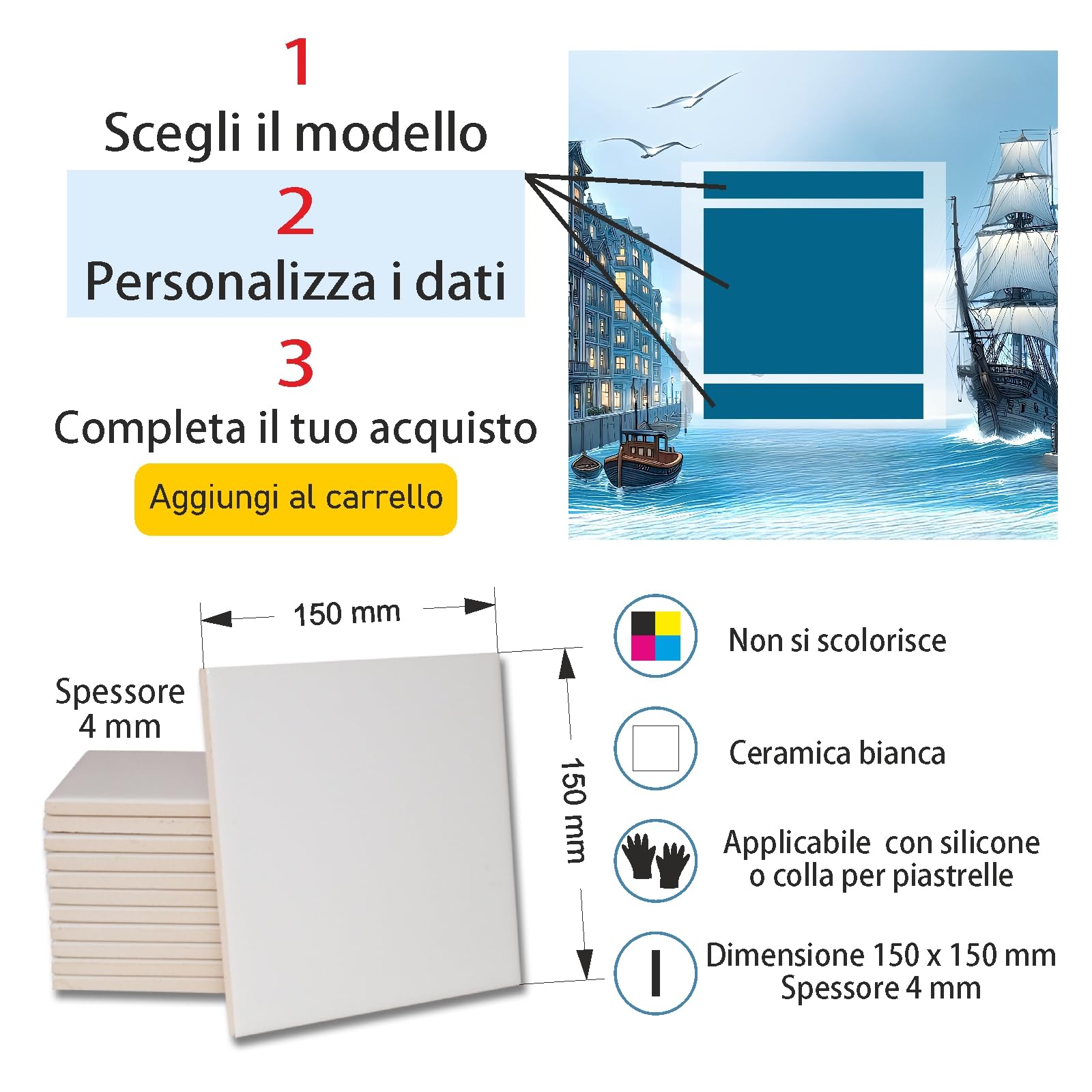 Mattonella Numero Civico Personalizzato da Esterno - Targa in Ceramica 15x15 cm per Indirizzo, Nome Famiglia, Testo - Resistente e Personalizzabile (MARE)