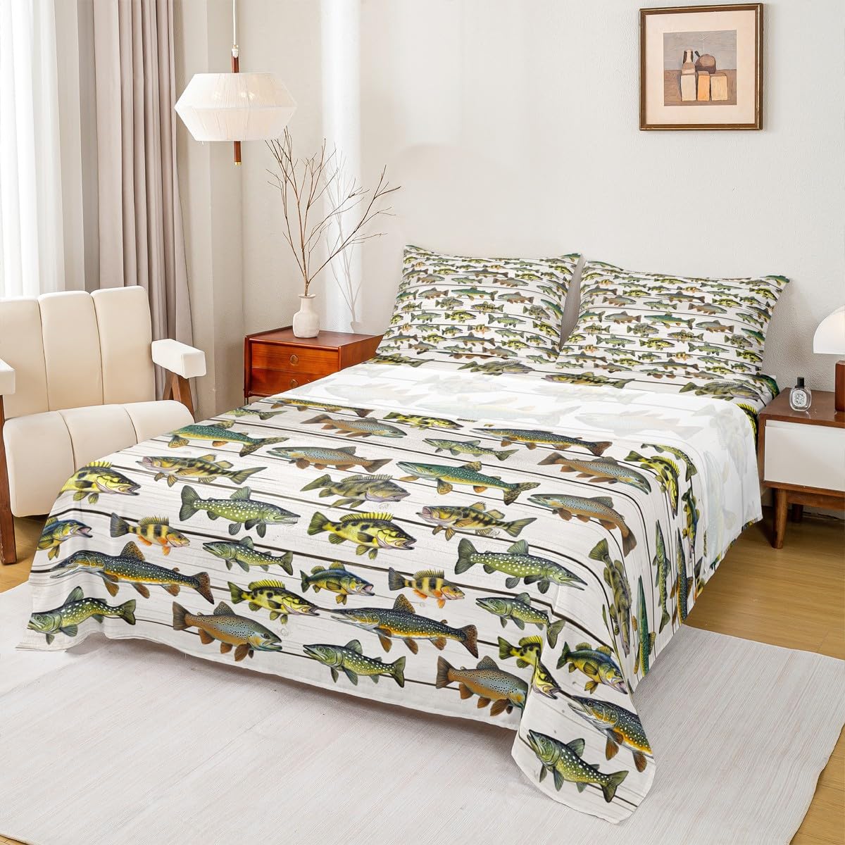 Homewish Juego de ropa de cama doble de caza y pesca, para niños, niñas y hombres, juego de sábanas rústicas de tablones de madera blanca, sábanas bajeras vintage de granja, 4 piezas