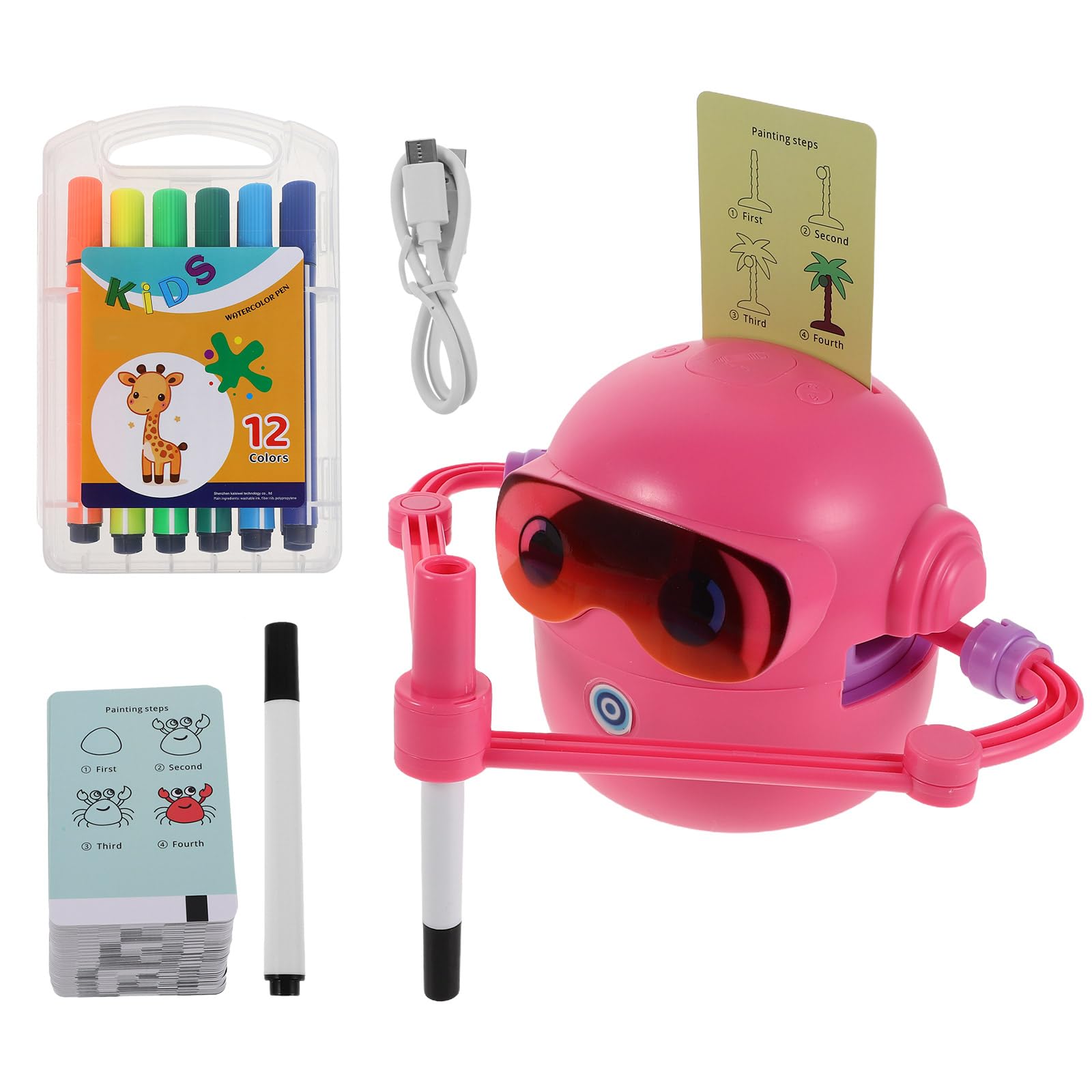 Drawing Robot for Kids with 100 Cards & 14 Pens, Educational Creative Learning Toy, USB Rechargeable Drawing Machine for Children Ages 3-8, STEM Montessori Learning Gift for Kids