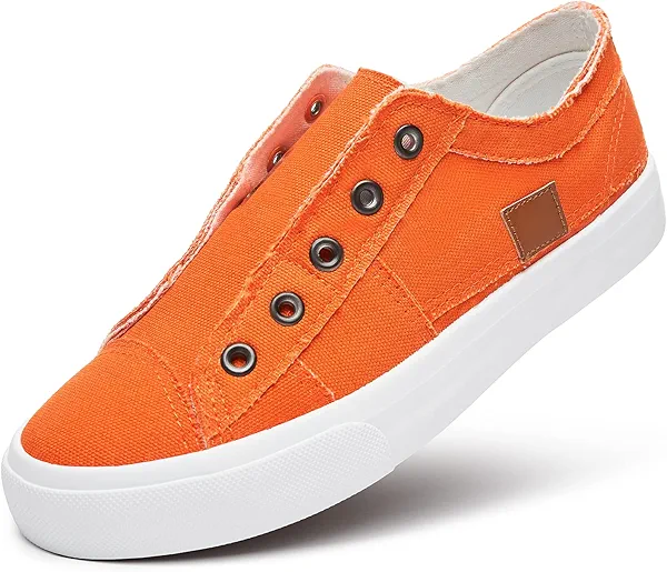 Women's Slip on Shoes Non Slip Fashion Canvas Sneakers Low Top Casual Shoes(Orange,US10.5)