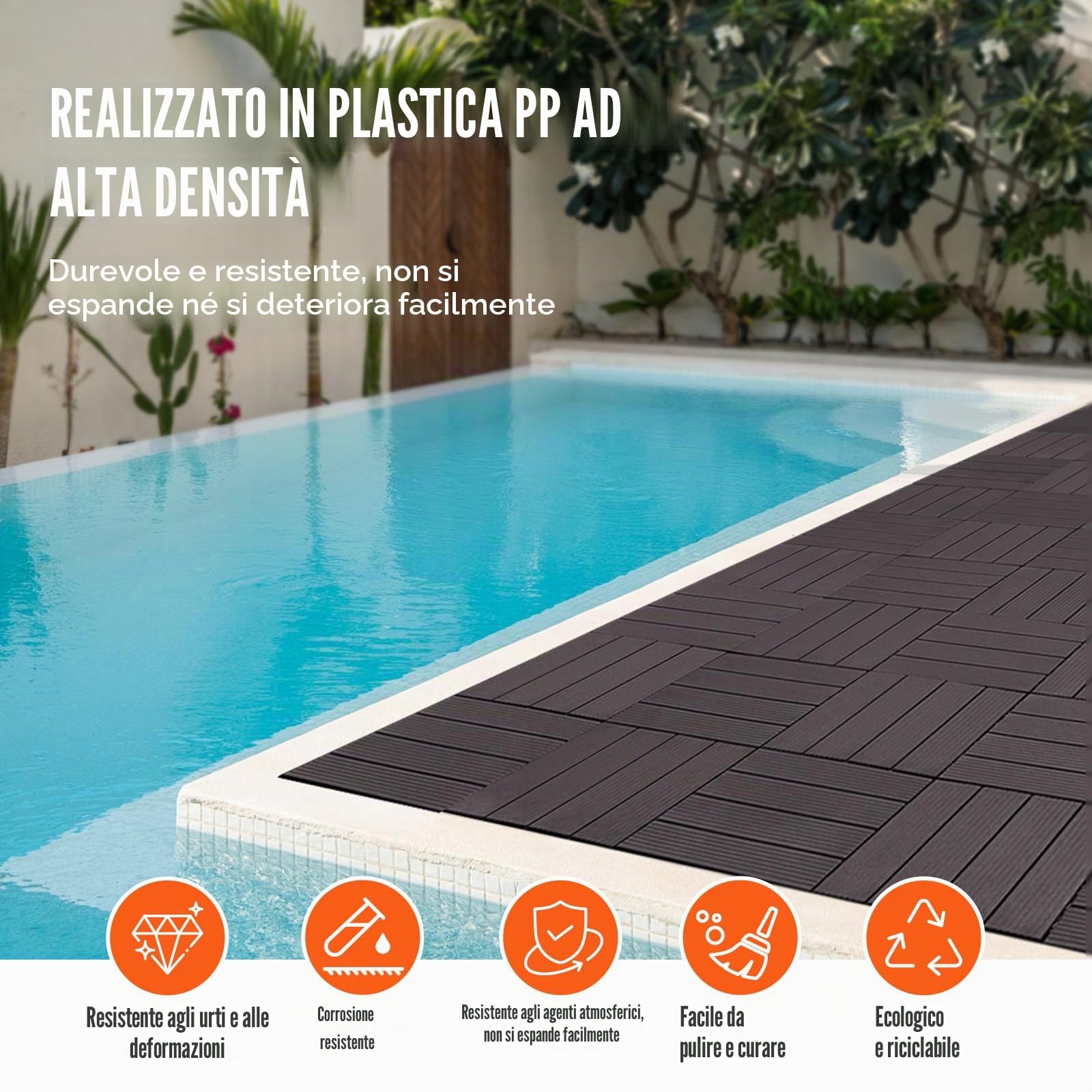 VEVOR Piastrelle per Patio ad Incastro 54 Pezzi 300 x 300 x 20 mm, Piastrelle Impermeabile in Plastica, Piastrelle per Tutte Le Condizioni Atmosferiche, per Portico Piscina Cortile, Marrone Scuro