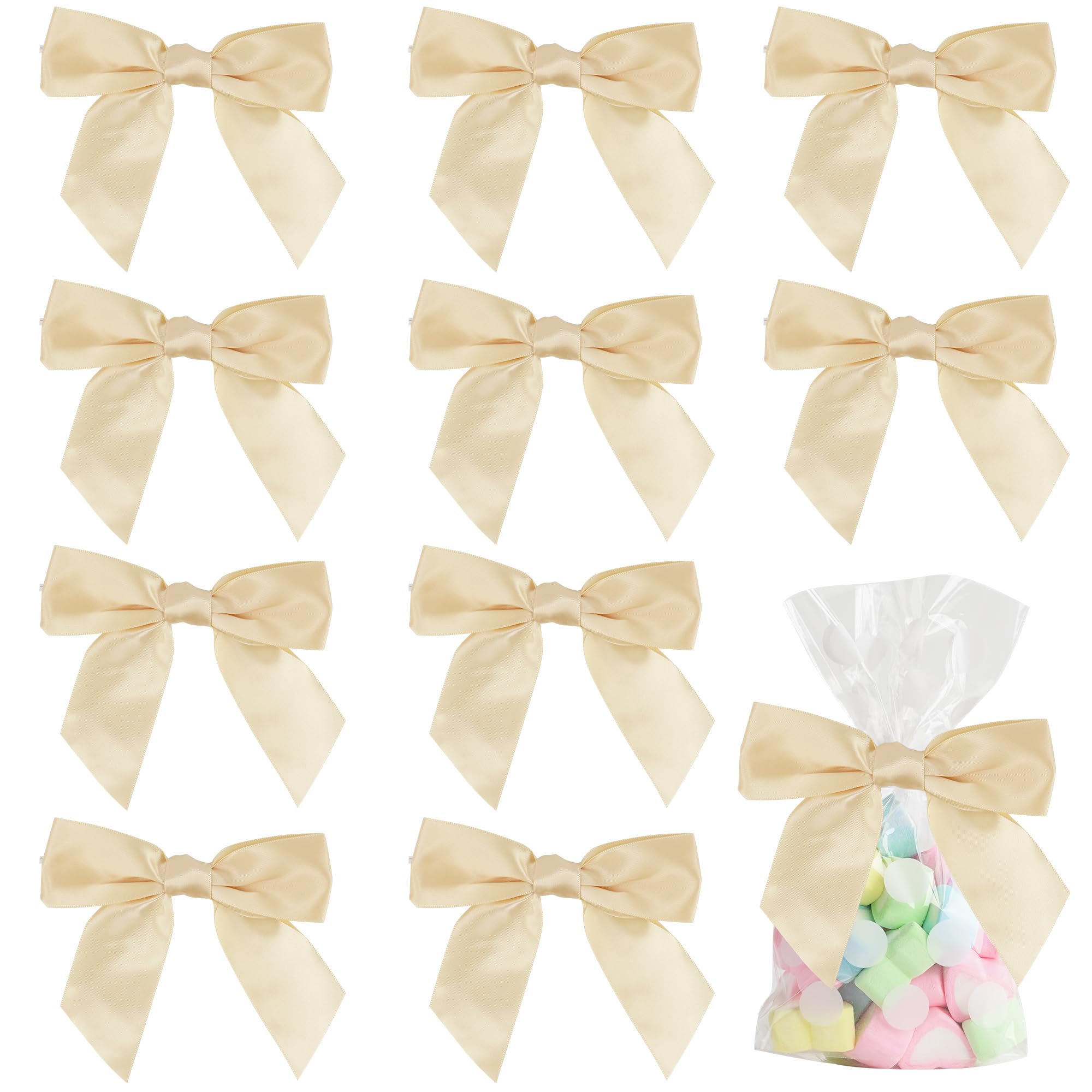 AIMUDISatin Twist Tie Bows for Treat Bags 4.5" Pre-Tied Champagne Bows with Twist Ties Champagne Ribbon Bows for Wedding Decor Premade Bows for Gift Wrap Christmas Tree Party Favors Goodies - 36 PCs