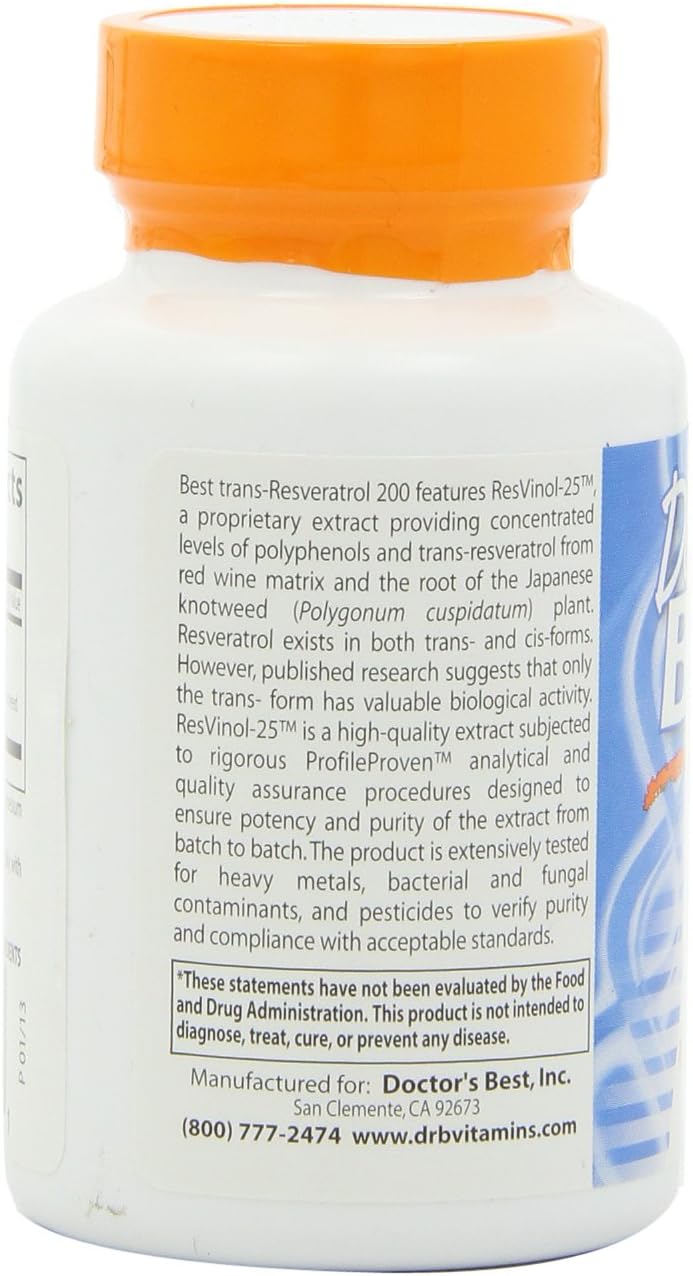 Doctor's Best, Trans-Resveratrol with ResVinol, Non-GMO, Vegan, Gluten & Soy Free, 200 mg, 60 Count : Health & Household