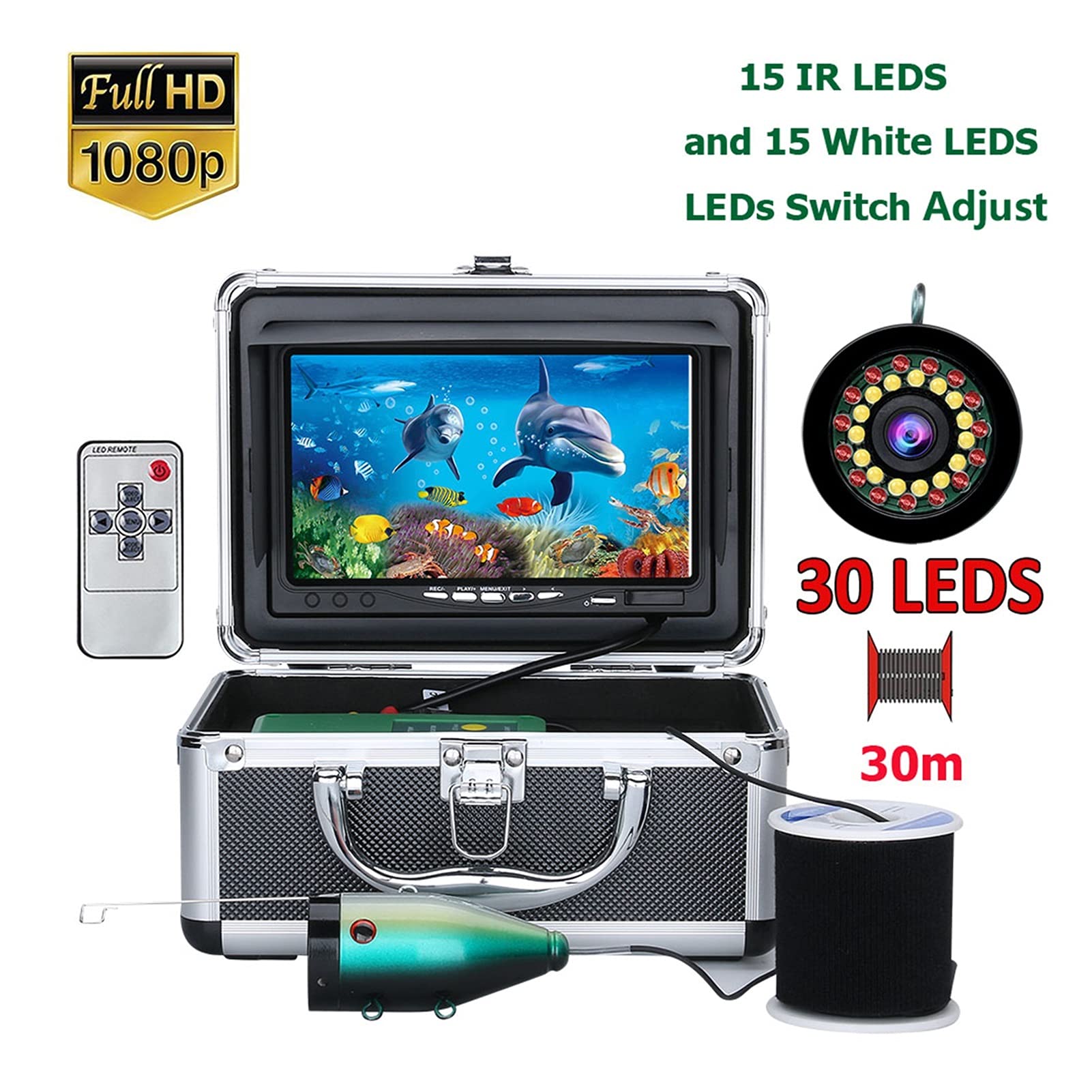 Podwodna Echosonda, 7 '' HD 1080P DVR. Fish Fisher Podwodny Kamera Wędkarska 1280 * 720 Screen15PCS White. LE DS + 15 sztuk Lampa na podczerwień(G7A-2L-30M NO DVR)