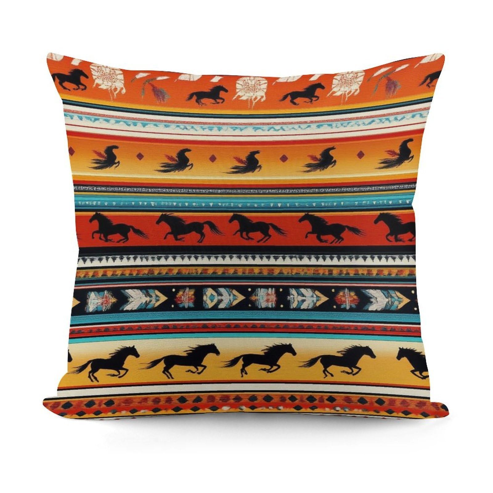 Soft andffy Southwest Native American Ethnic Horse Dreamcatcher Art Square Cushion Cover with Zipper for Sofa, Couch, Living Room Decorative