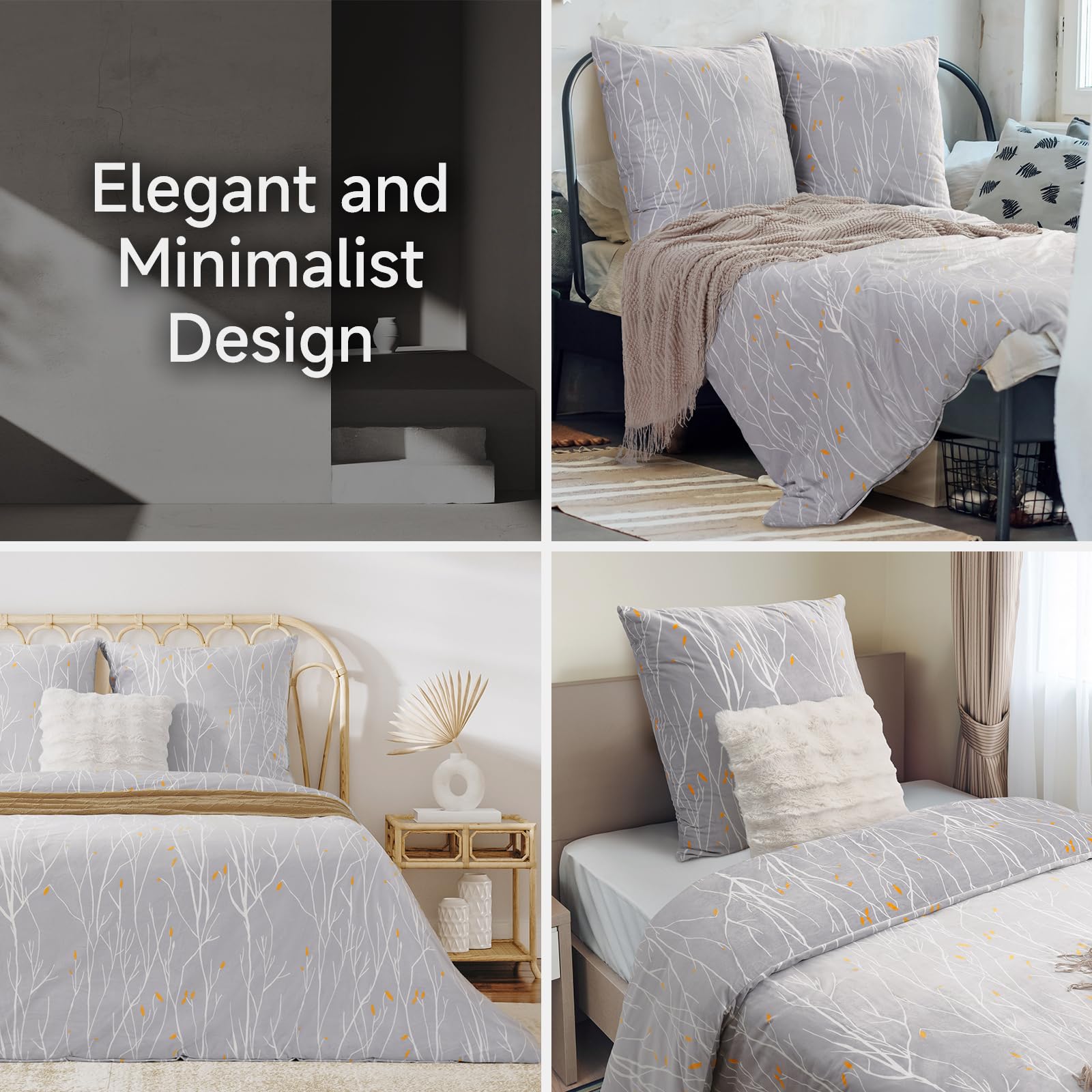 PanxHome Set Copripiumino in Velluto Cristallo 135x200 cm, Design Rami Grigi, Caldo e Morbido, Senza Pieghe, Lavabile in Lavatrice, Set Invernale per Letti Singoli e Doppi (1 Copripiumino, 1 Federe)